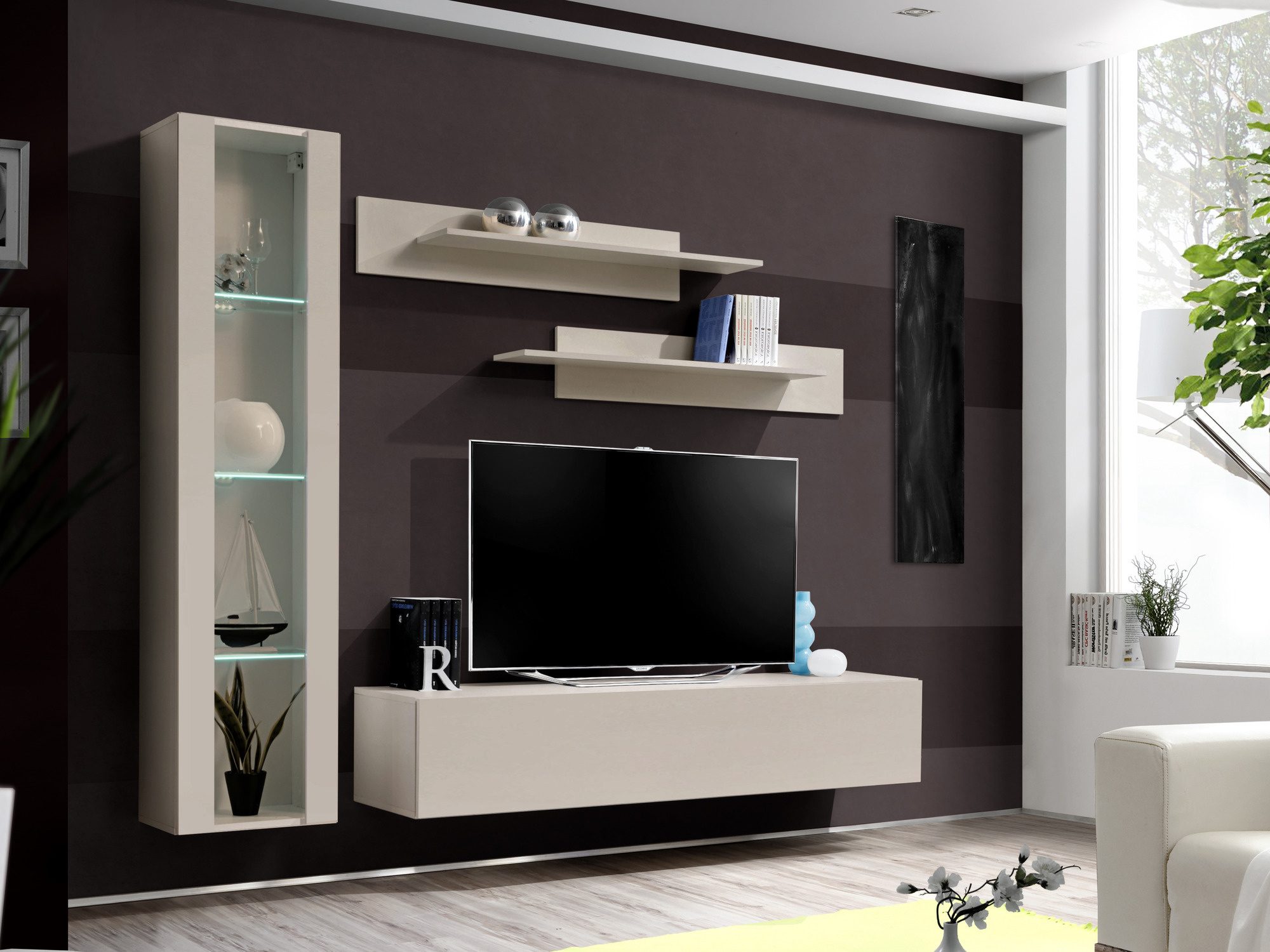 Obývací stěna RTV Flavero 200 cm kašmír s LED vitrínou