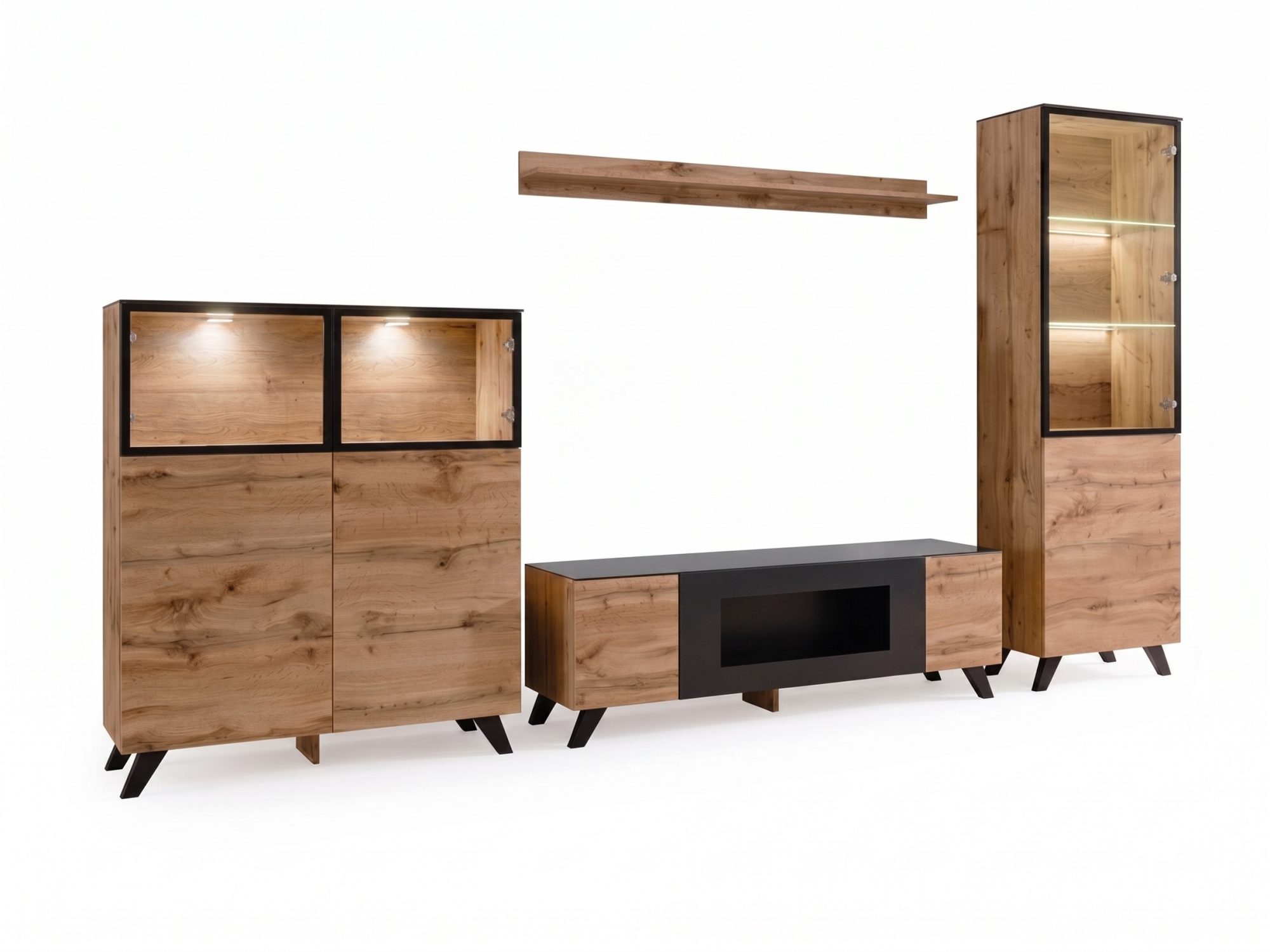 TV-Wohnwand Thalero 340 cm in Wotan Eiche mit LED-Vitrine und Bio-Kamin auf weißem Hintergrund