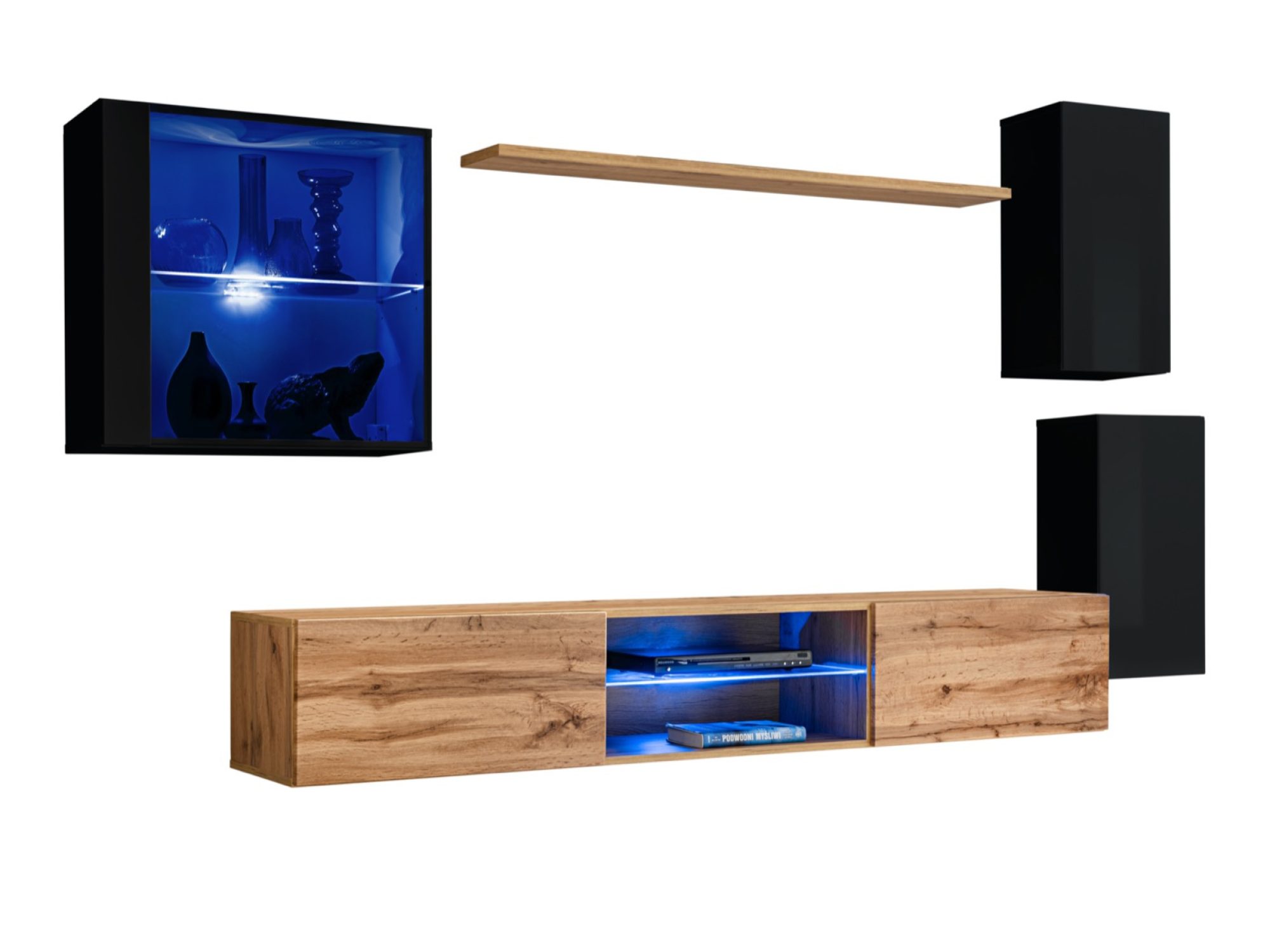 Wohnwand mit LED-Vitrine Kelmoro 250 cm in Schwarz und Wotan Eiche – Bild 2