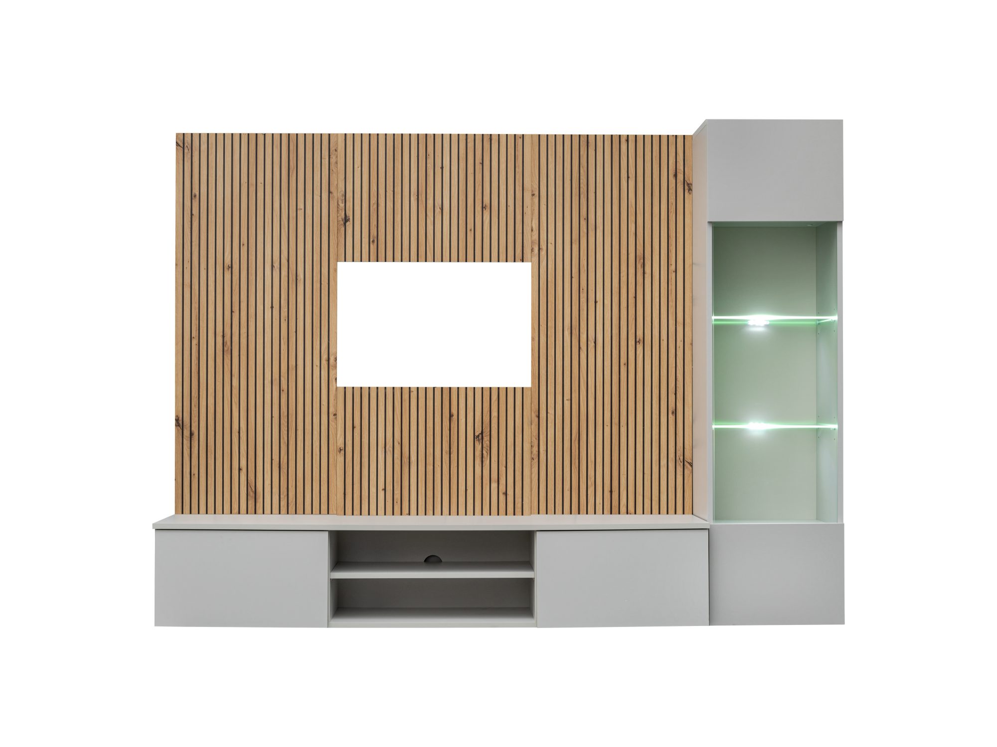 TV-Wohnwand Xarivo 200 cm mit LED-Vitrine und Lamellenpaneel