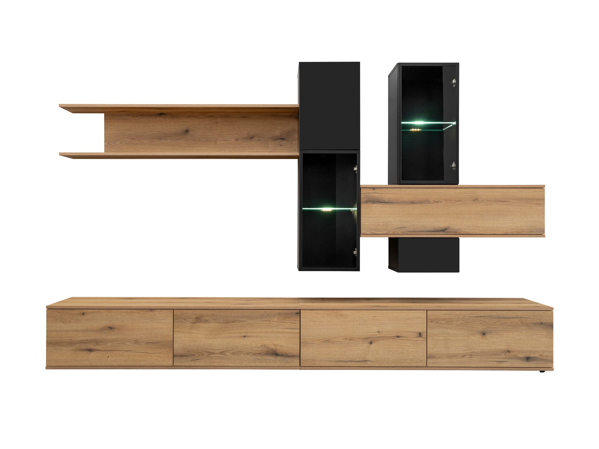 Wohnwand Cruvero 280 cm mit Vitrinen und LED, Eiche Coast Evoke Schwarz