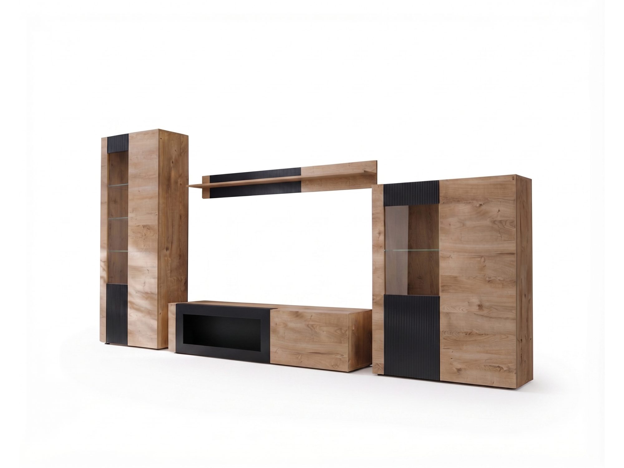 Wohnwand Arvanto 320 cm Eiche Ribbeck Schwarz mit LED-Vitrinen und Biokamin auf weißem Hintergrund