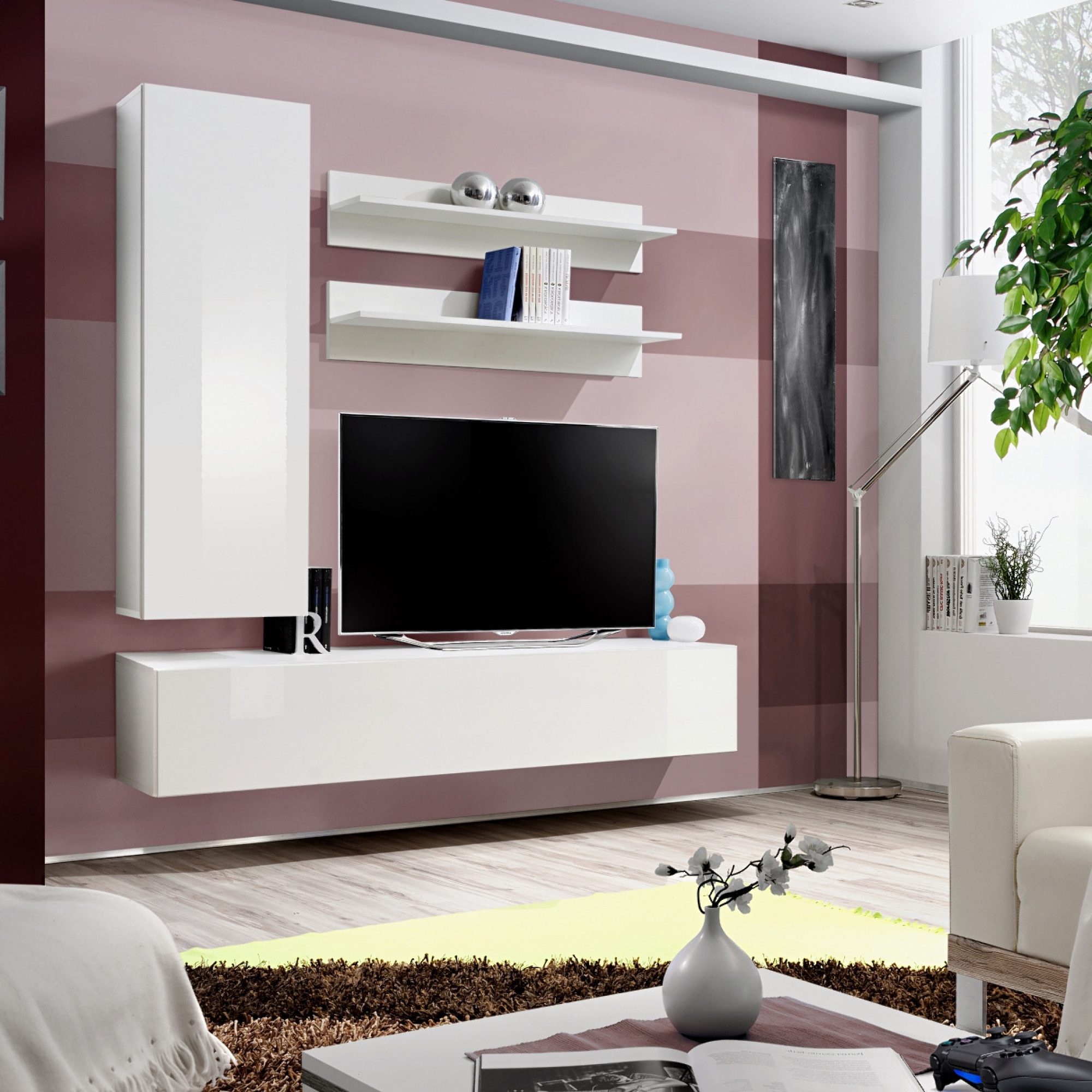 TV obývací stěna s vysokou skříňkou Flavero 160 cm v aranžmá obývacího pokoje
