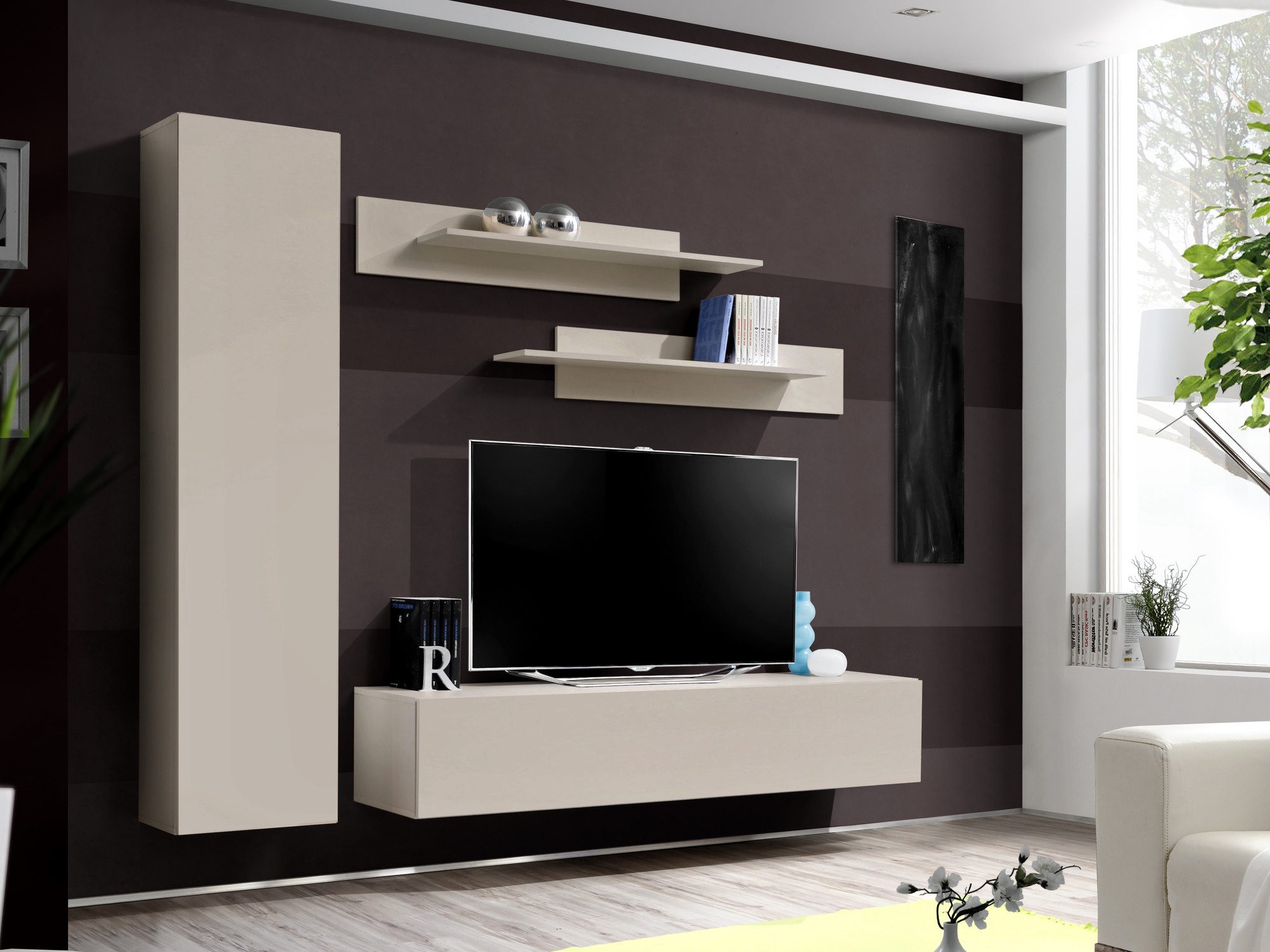 Obývací TV stěna Flavero 200 cm kašmír s vysokou skříňkou