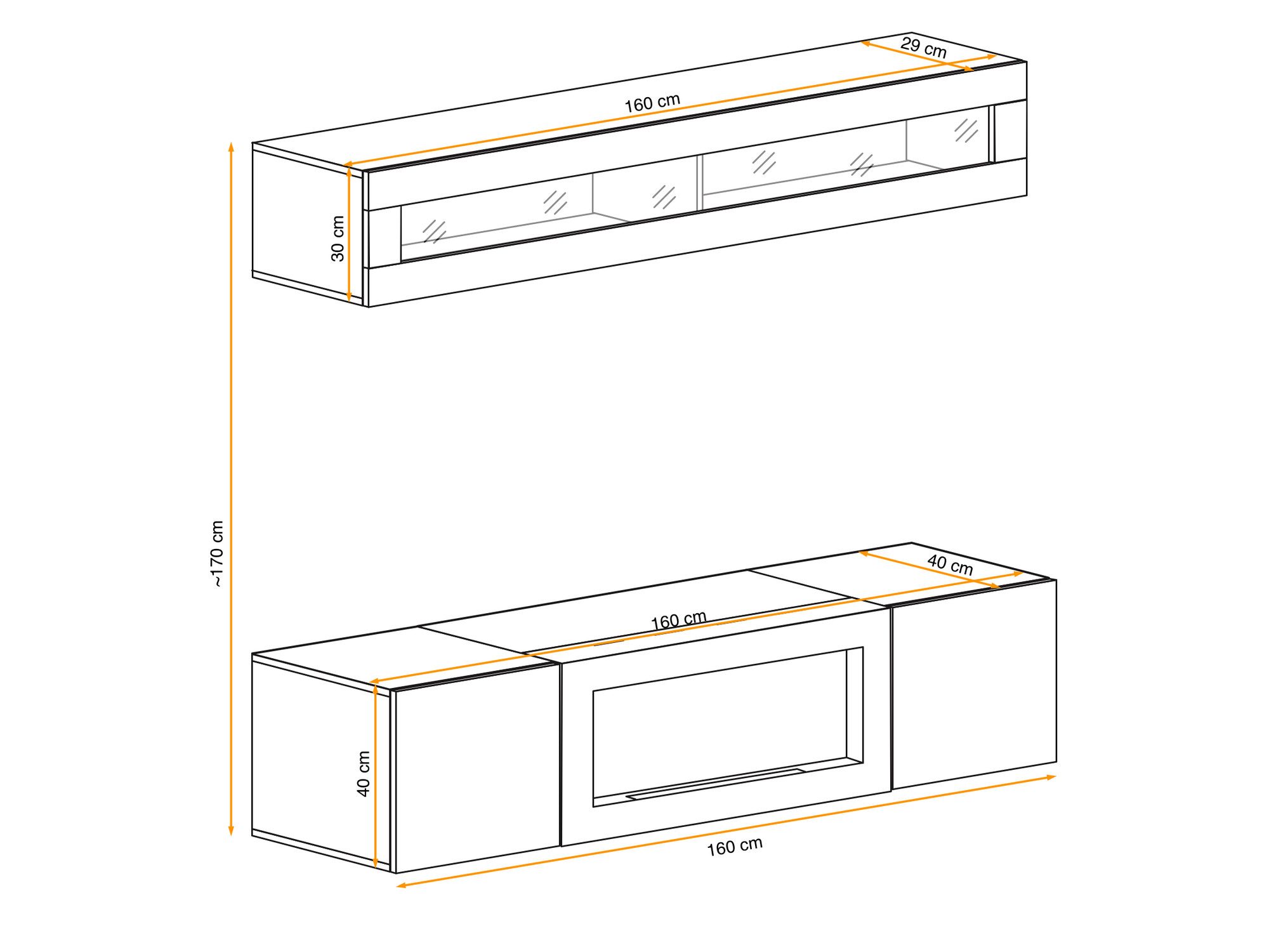 Druhý nákres s rozměry obývací stěny Flavero 160 cm s LED vitrínou a biokrbem
