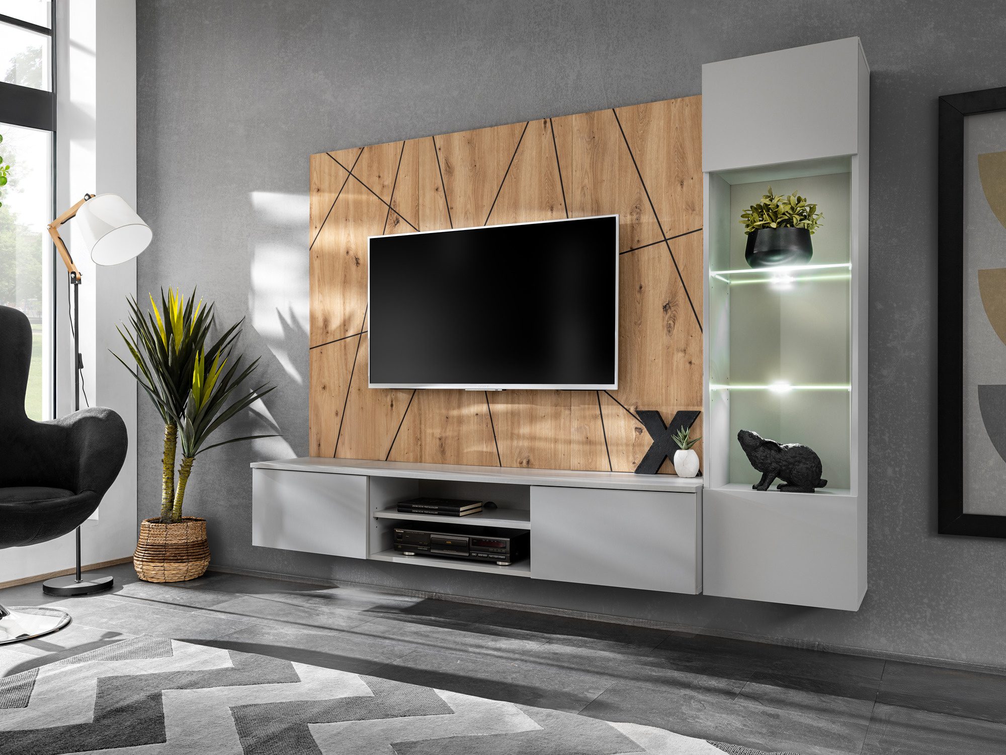 TV-Wohnwand Xarivo 200 cm mit LED-Vitrine und Paneel im geometrischen Muster – Bild 2