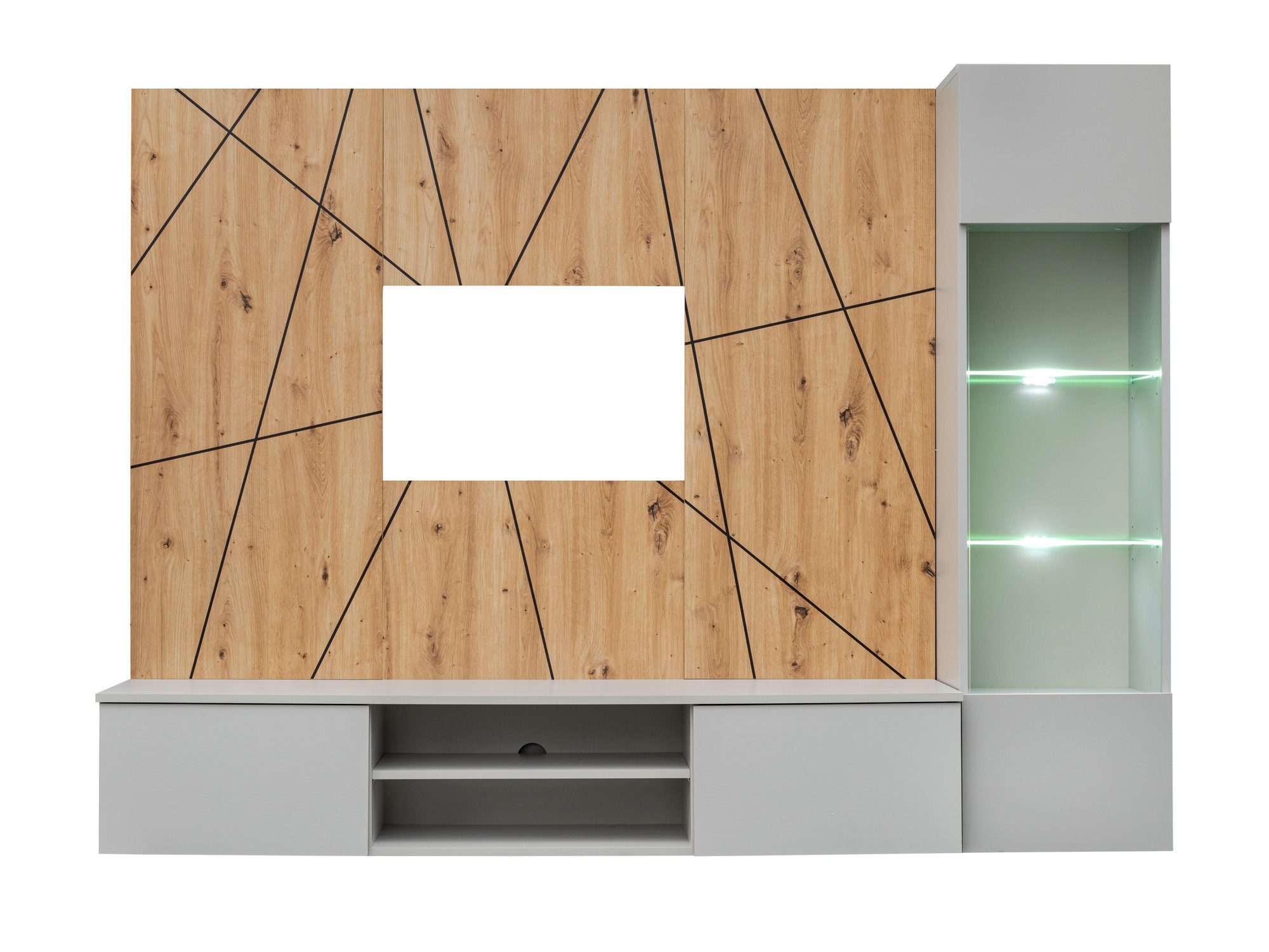 TV-Wohnwand mit LED-Vitrine Xarivo 200 cm, Perla Gray und Artisan Eiche