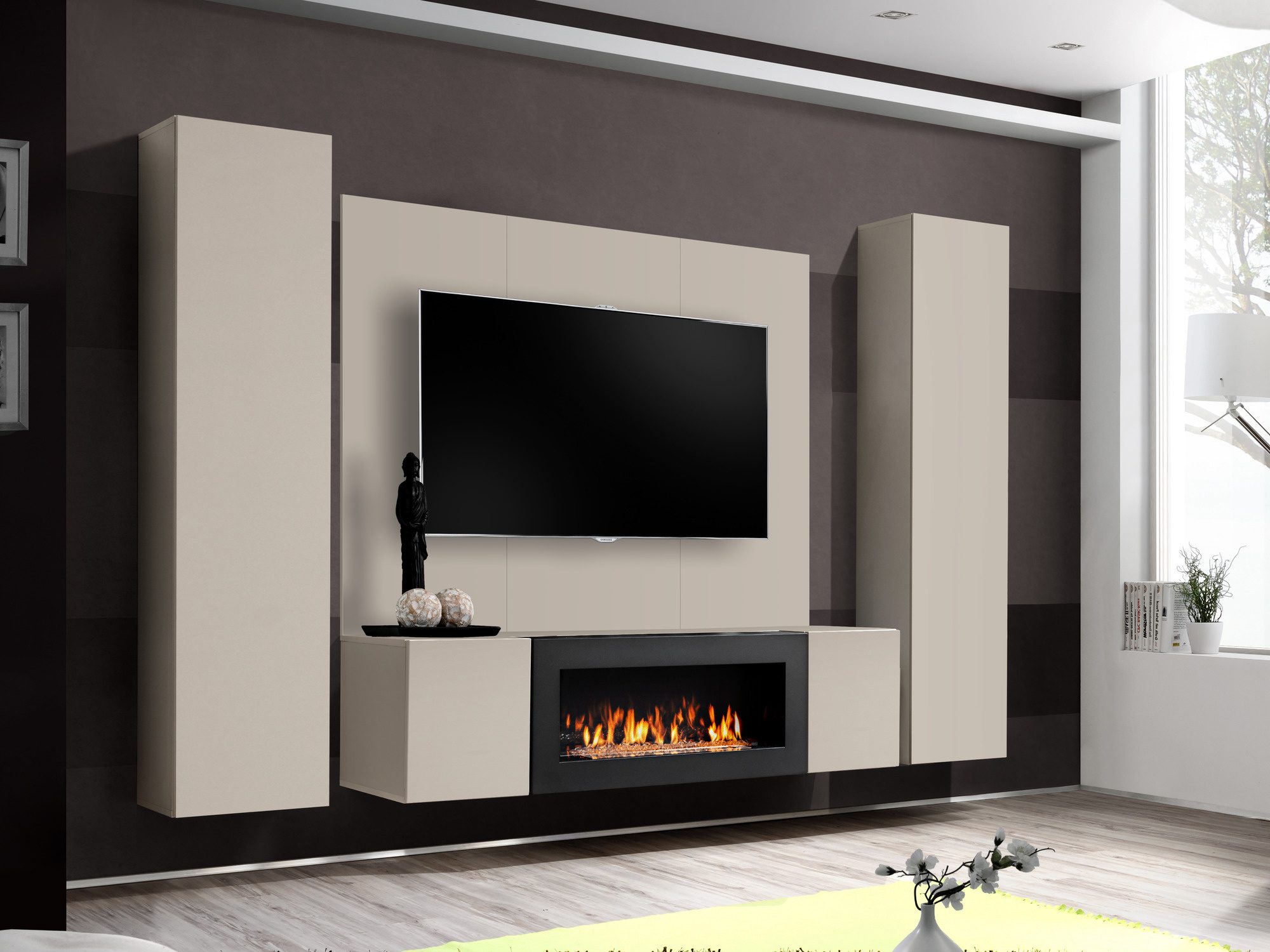 Obývací stěna Flavero 240 cm, panel, 2 skříňky a biokrb