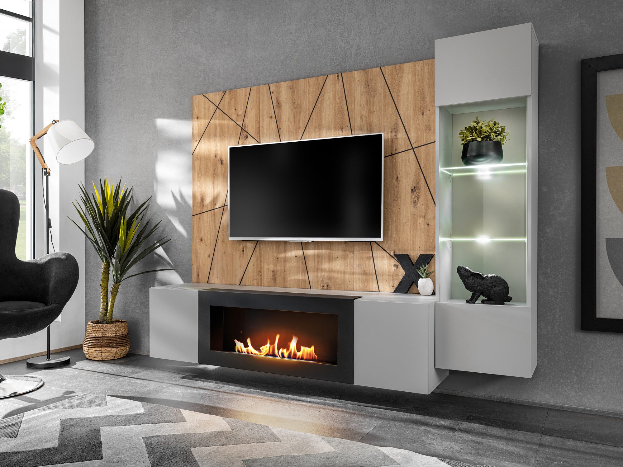 Obývací stěna s biokrbem a LED vitrínou Xarivo 200 cm s geometrickým panelem – bílá TV skříňka s LED krbem