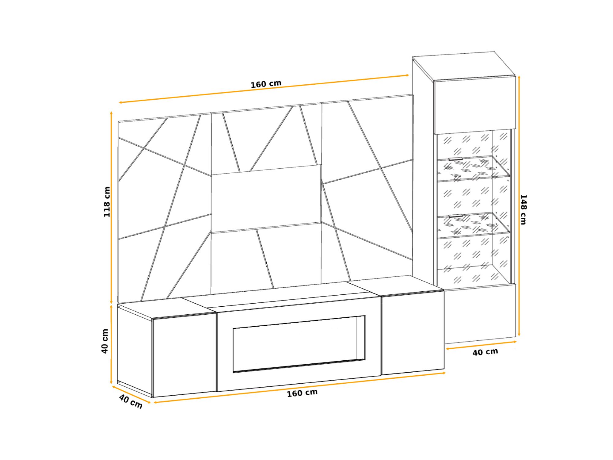 Obývací stěna s biokrbem a LED vitrínou Xarivo 200 cm s geometrickým panelem – nákres s rozměry