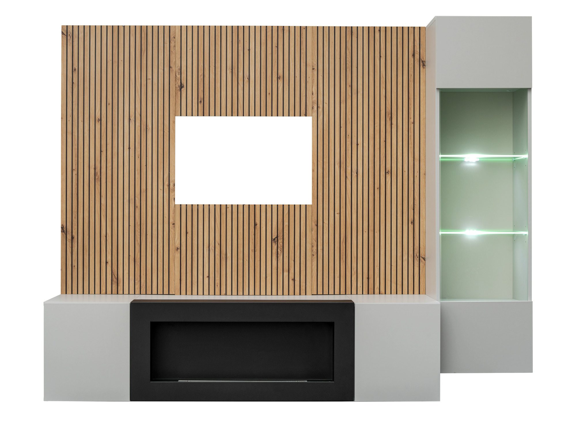 Wohnwand Xarivo 200 cm mit Biokamin und Lamellenpaneel – Schrank mit Holzelementen und LED