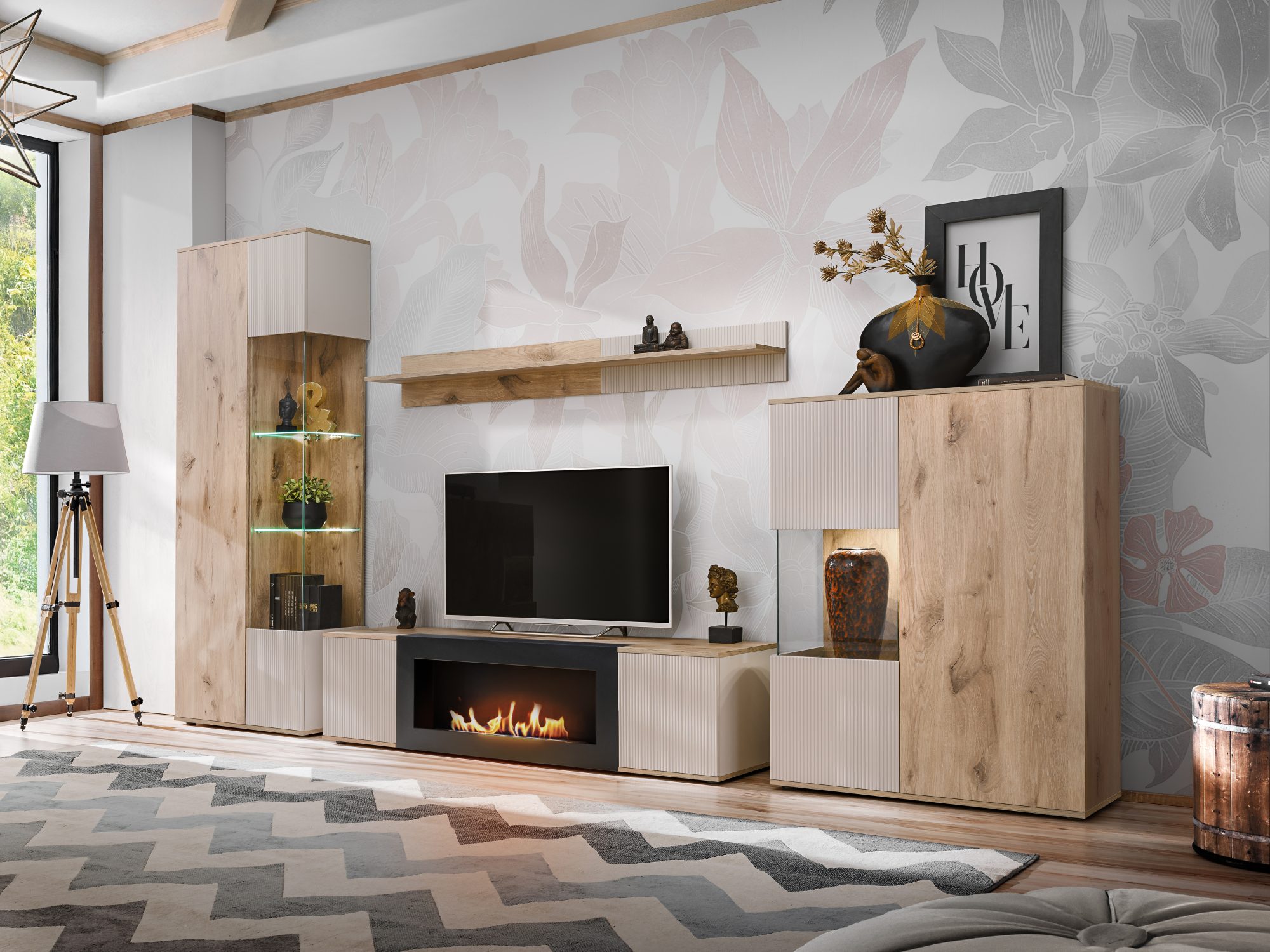 Wohnwand Cativaro 320 cm mit Bio-Kamin und Vitrinen, Eiche Viking Kaschmir im Wohnzimmer