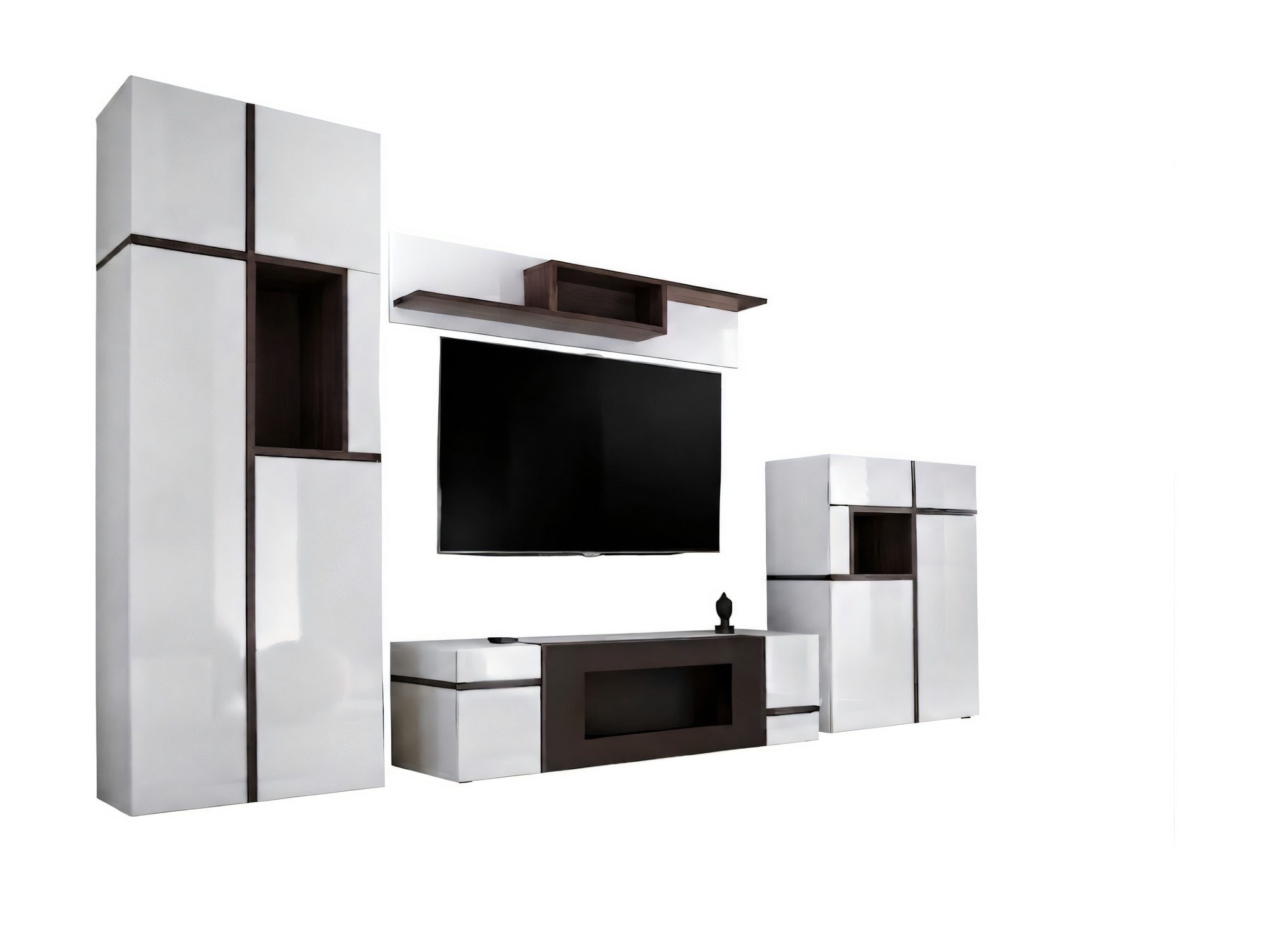 Wohnwand Cresto mit Biokamin und LED-Vitrinen – TV-Möbelset in Weiß-Braun mit Regalen