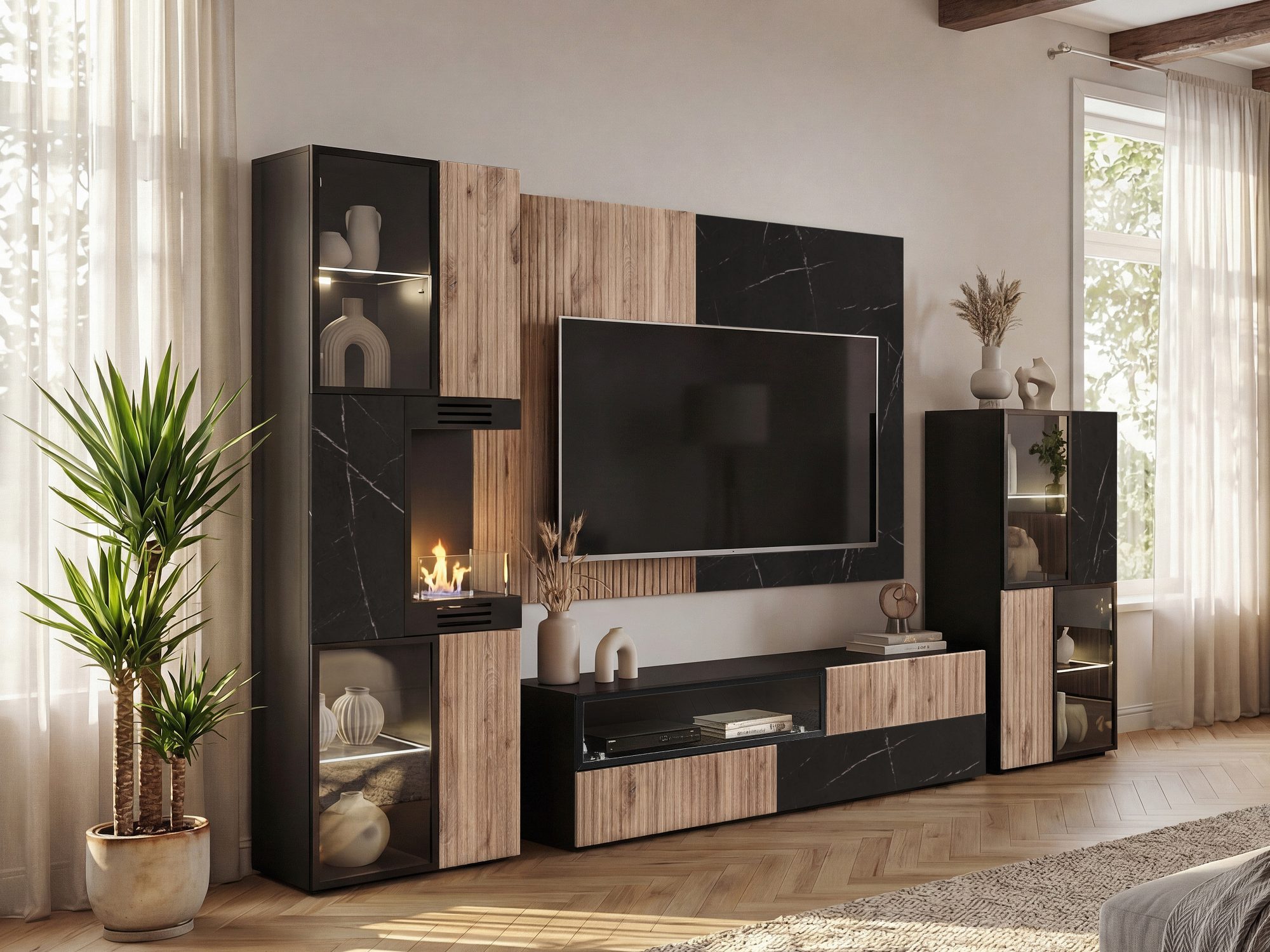 Wohnwand Edorino mit Vitrine und Bio-Kamin