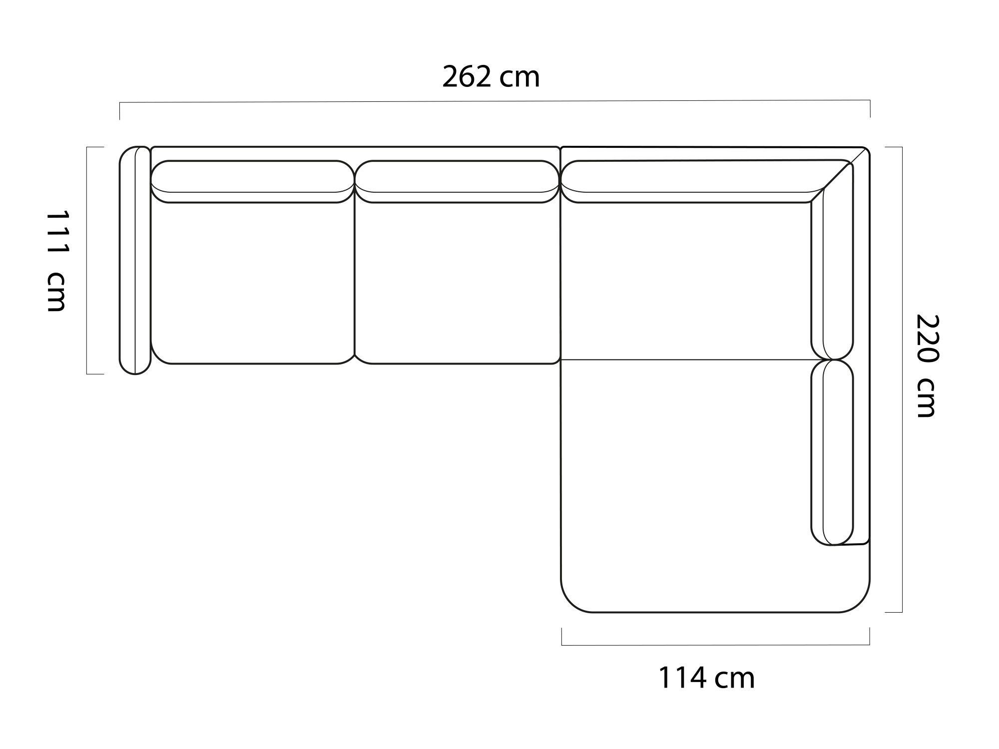 Rohová sedací souprava Calverio 262 cm, rozměrový nákres