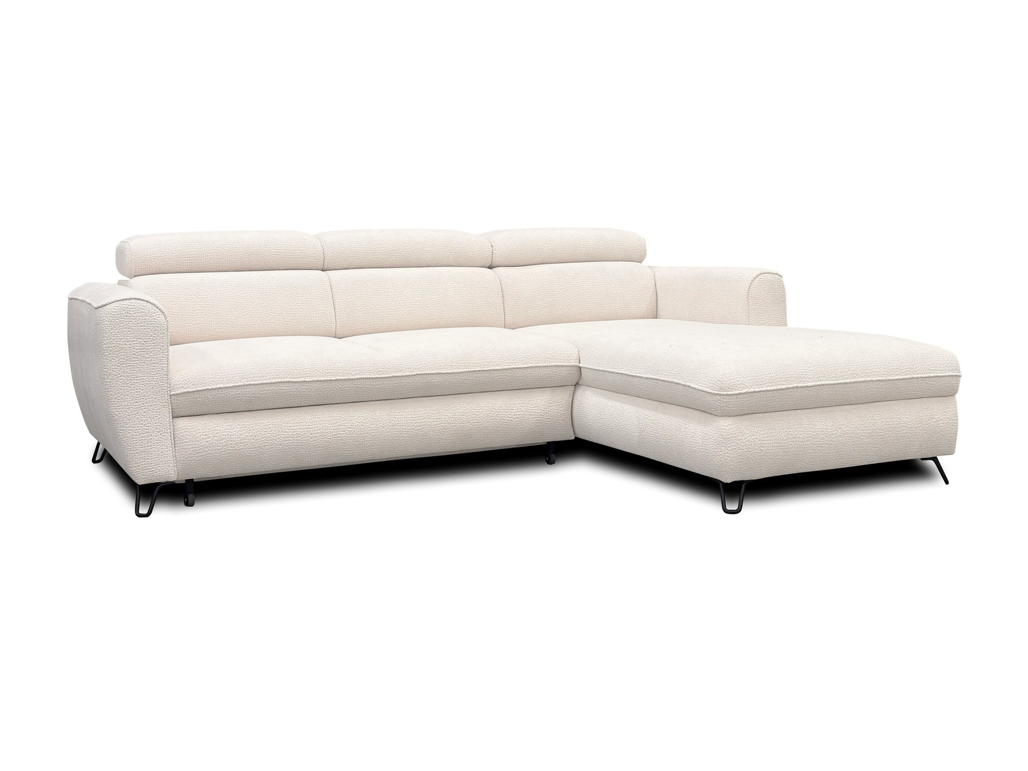 Ecksofa Crisvelo mit weißem Stoffbezug in Dreiviertelansicht, L-Form und festen Armlehnen