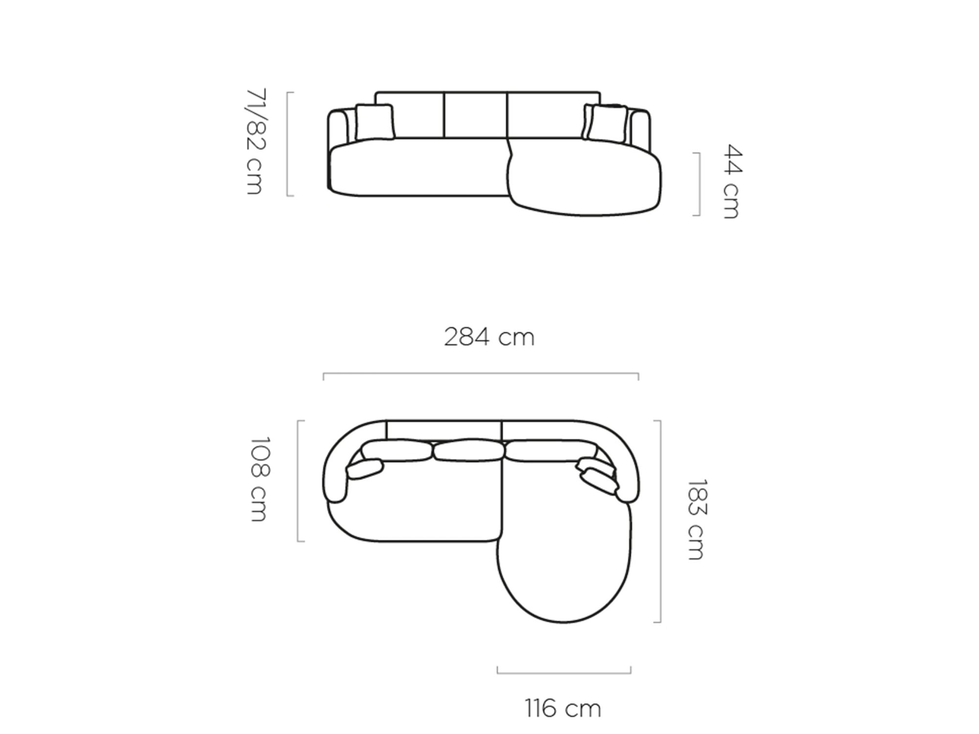 Maßzeichnung des Ecksofas Florviano 284 cm