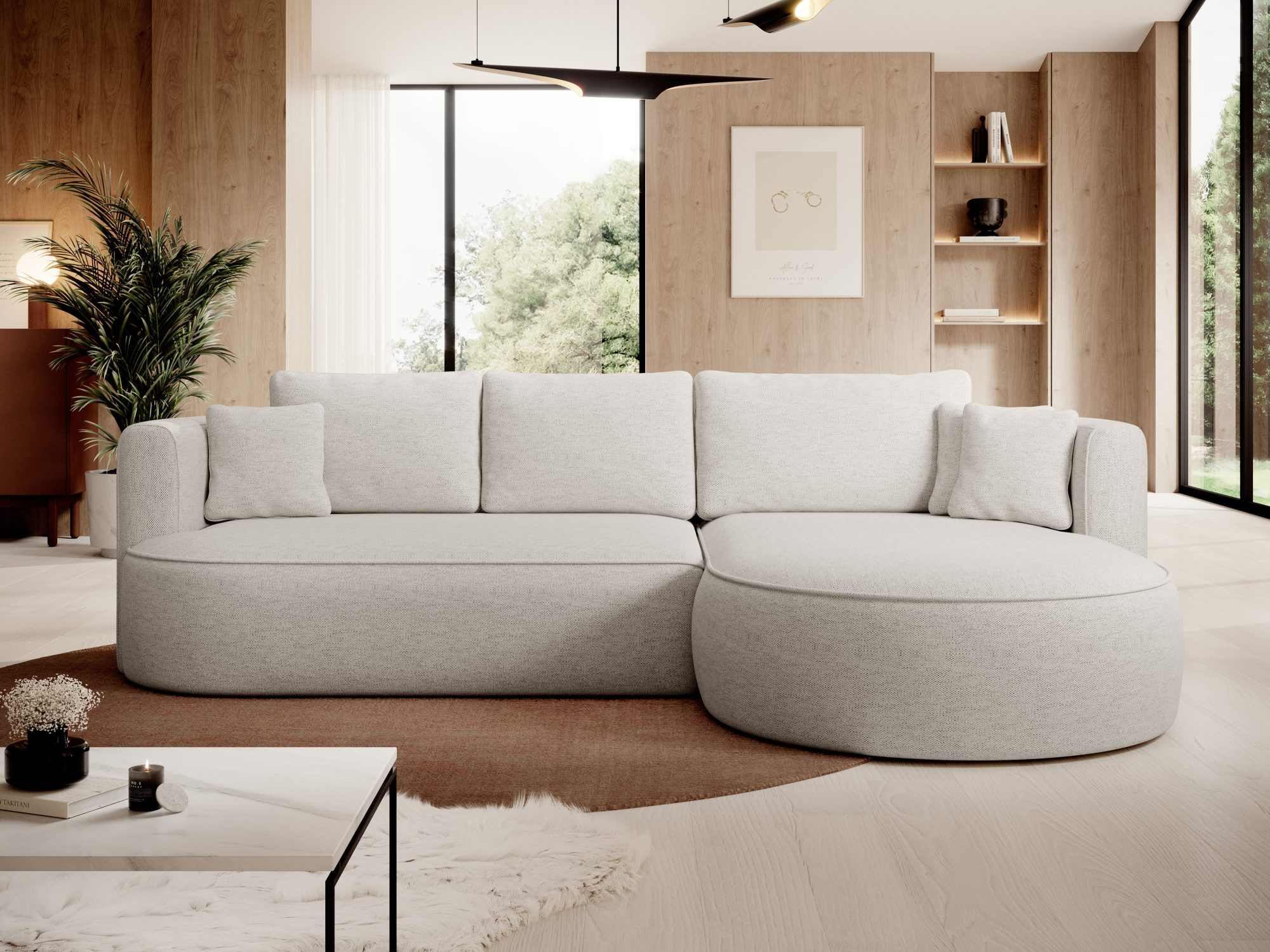 Ecksofa Florviano in einem hellen Wohnzimmer mit großen Fenstern