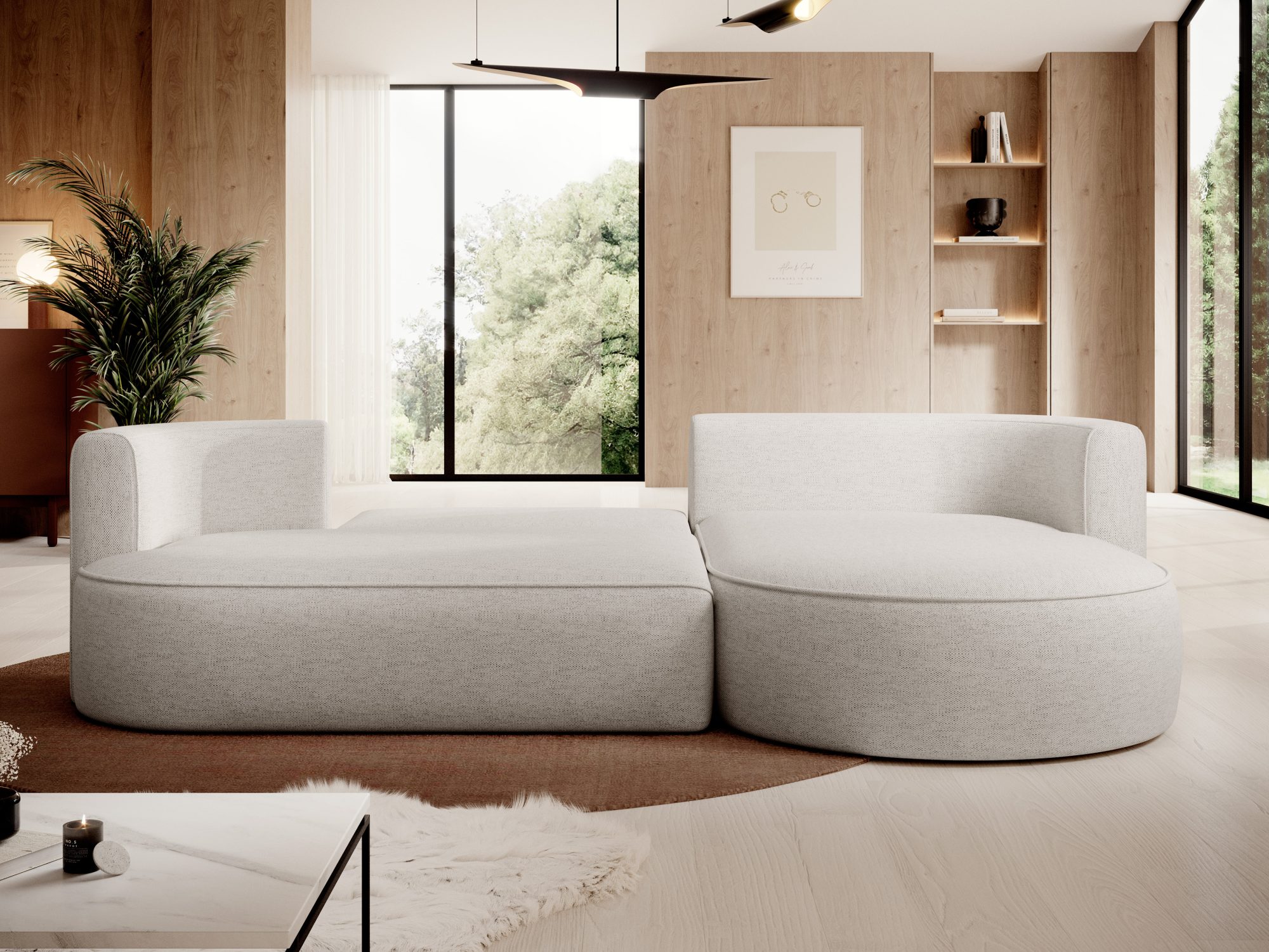 Ecksofa Florviano mit ausgeklappter Schlaffunktion im Wohnzimmer