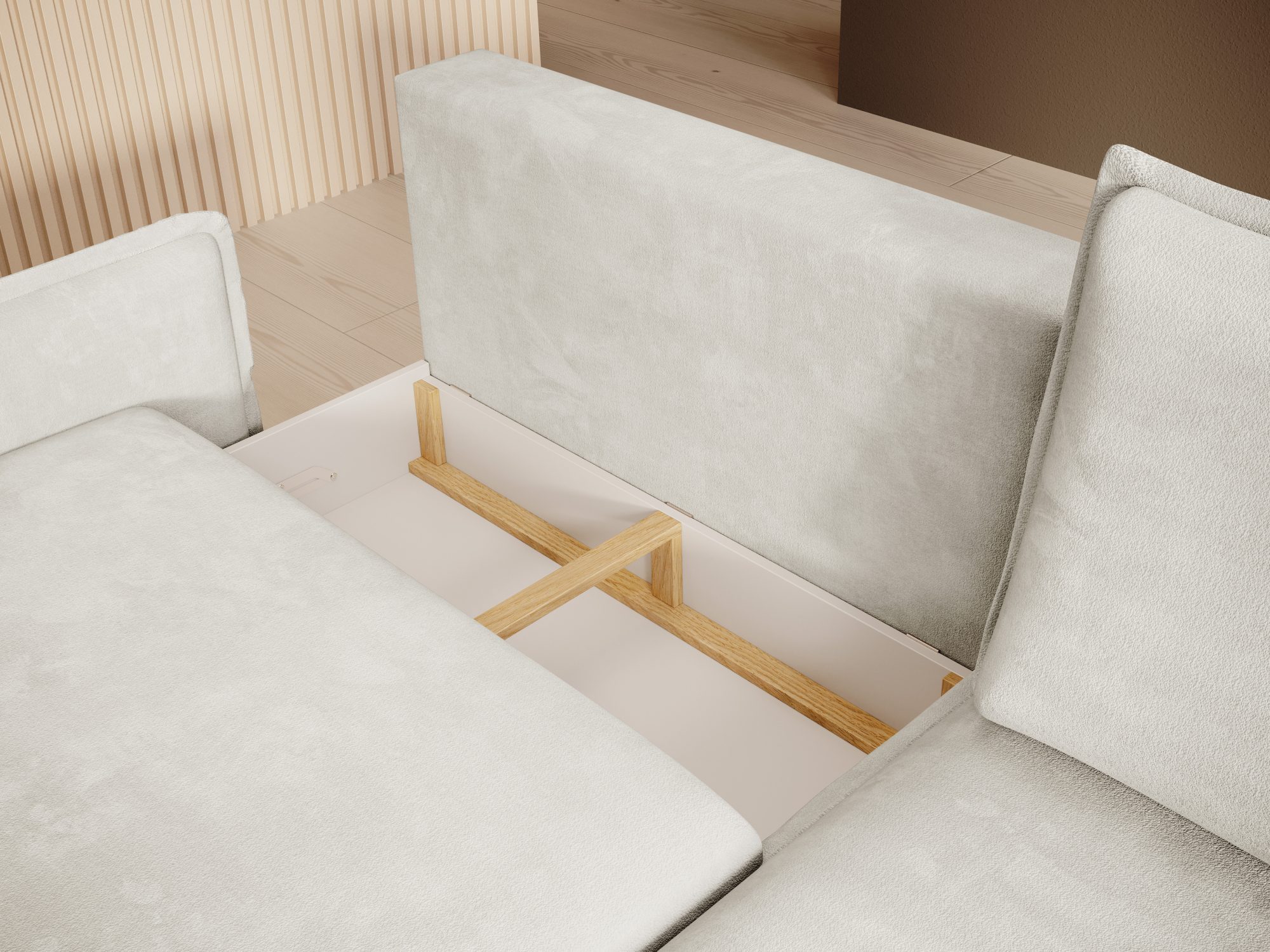 Ecksofa Glorviano mit geöffnetem Bettkasten im Wohnzimmer