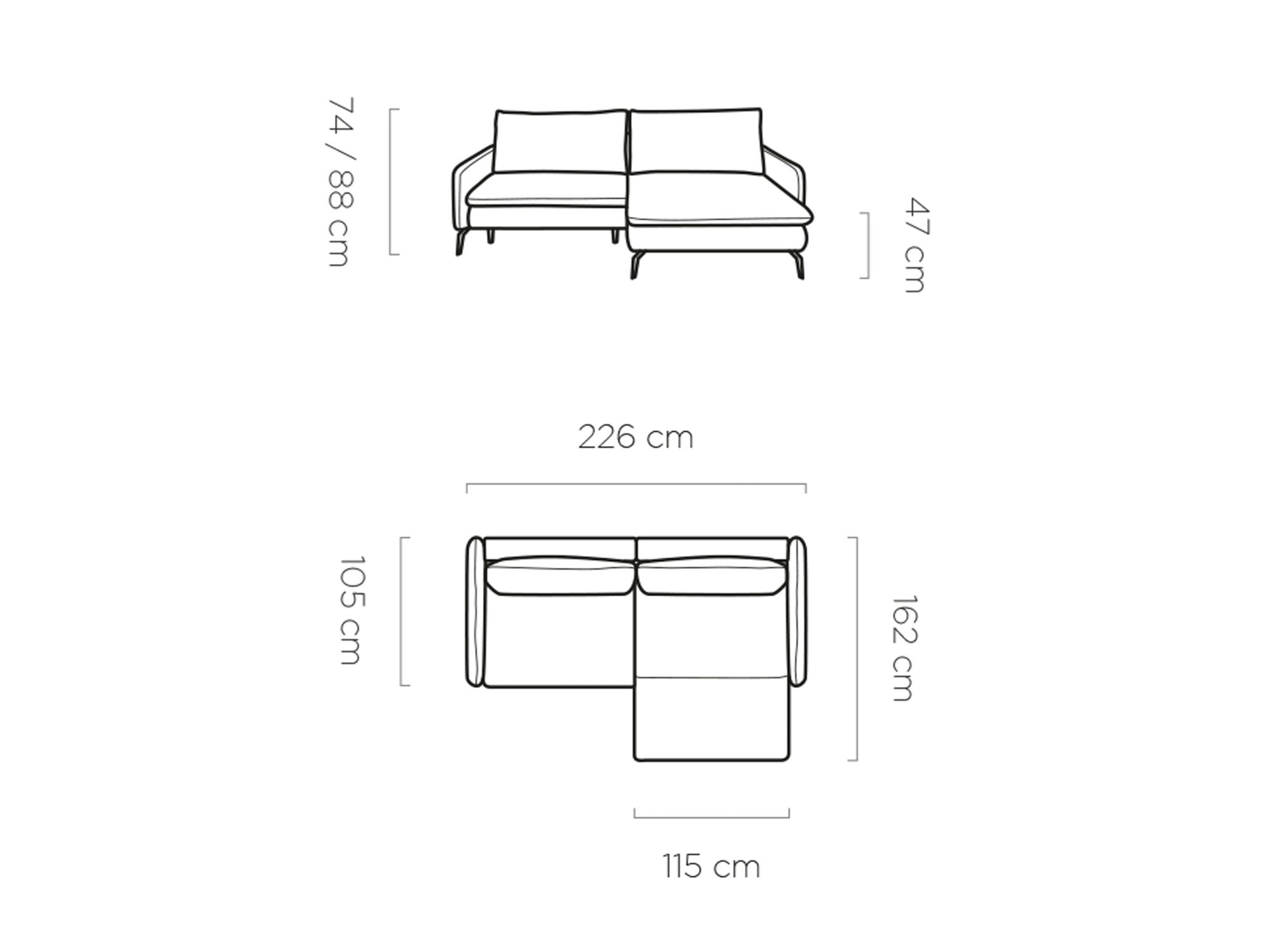 Maßzeichnung des Ecksofas Glorviano 226 cm
