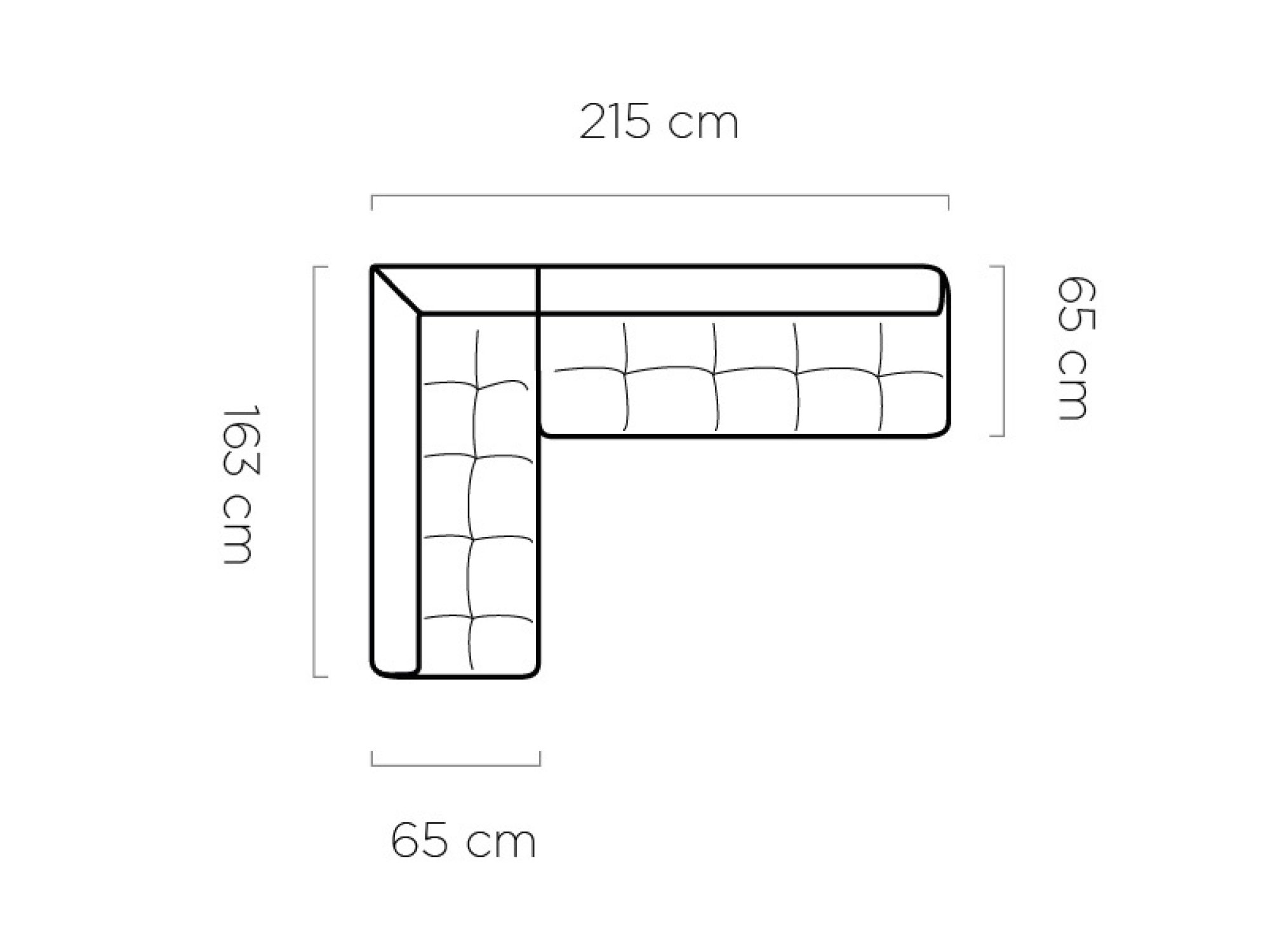 Kuchyňská rohová lavice Milvero 215 cm – nákres shora: 215 × 163 cm, hloubka 65 cm