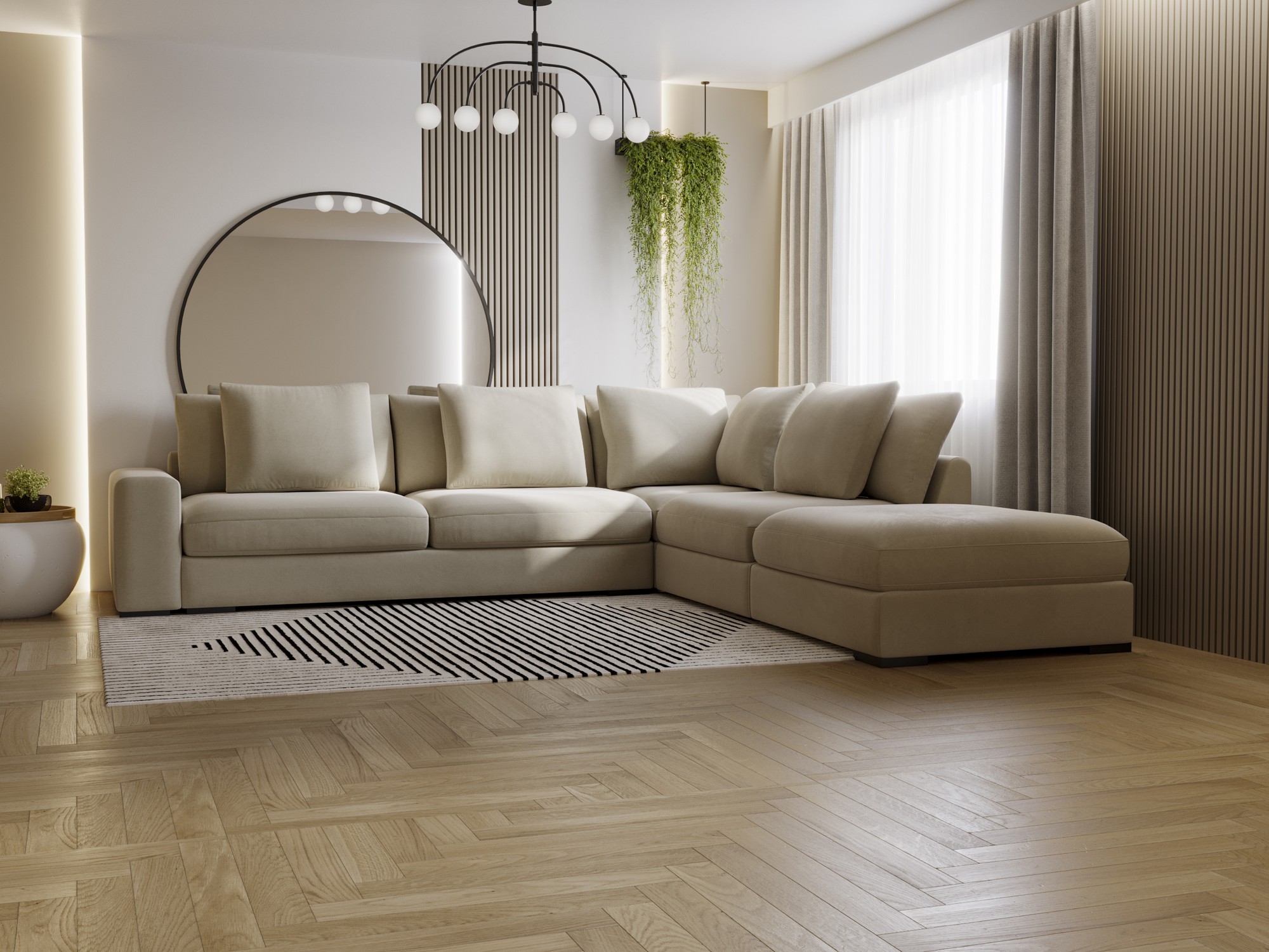 Ecksofa Lofano im hellen Wohnzimmer mit Fischgrätparkett, rundem Spiegel und Wandlamellen