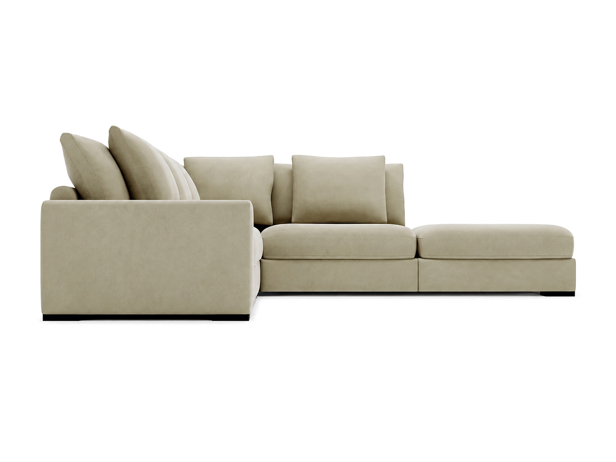 Seitenansicht des Ecksofas Lofano mit blockförmiger Armlehne, Einsitzermodul und Hocker