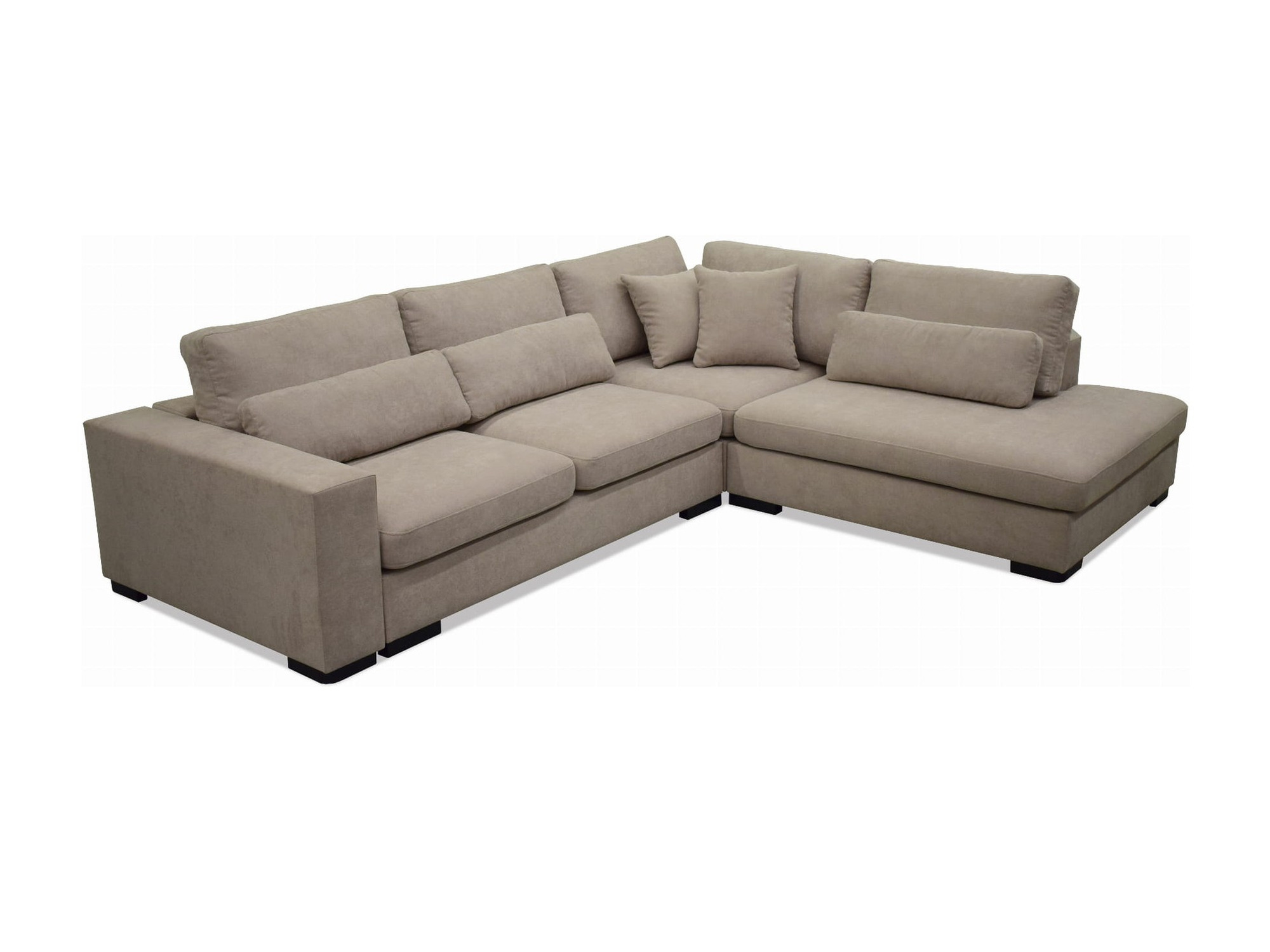 Dasselbe Galvio Modul-Ecksofa in Perspektivansicht – beige-grauer Stoff und schwarze Füße