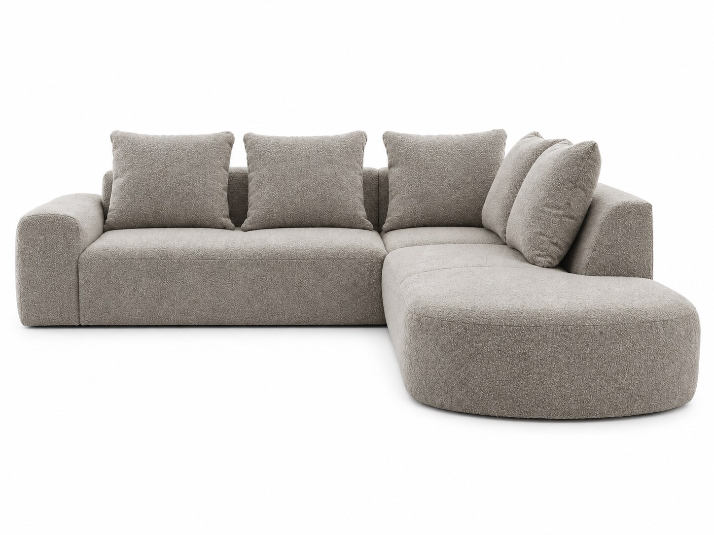 Modulares Ecksofa Brunelio 255 cm mit Ottomane, beigegrauem Bouclé und losen Rückenkissen vor weißem Hintergrund