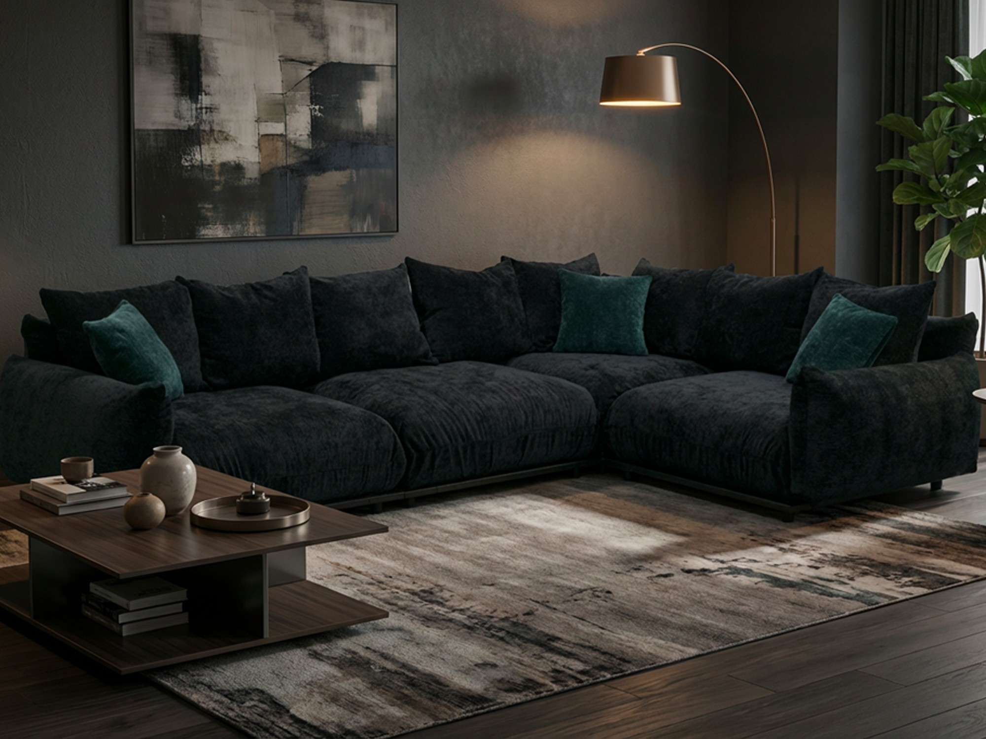 Schwarzes Ecksofa Pelvana in einem großen, offen gestalteten Wohnzimmer