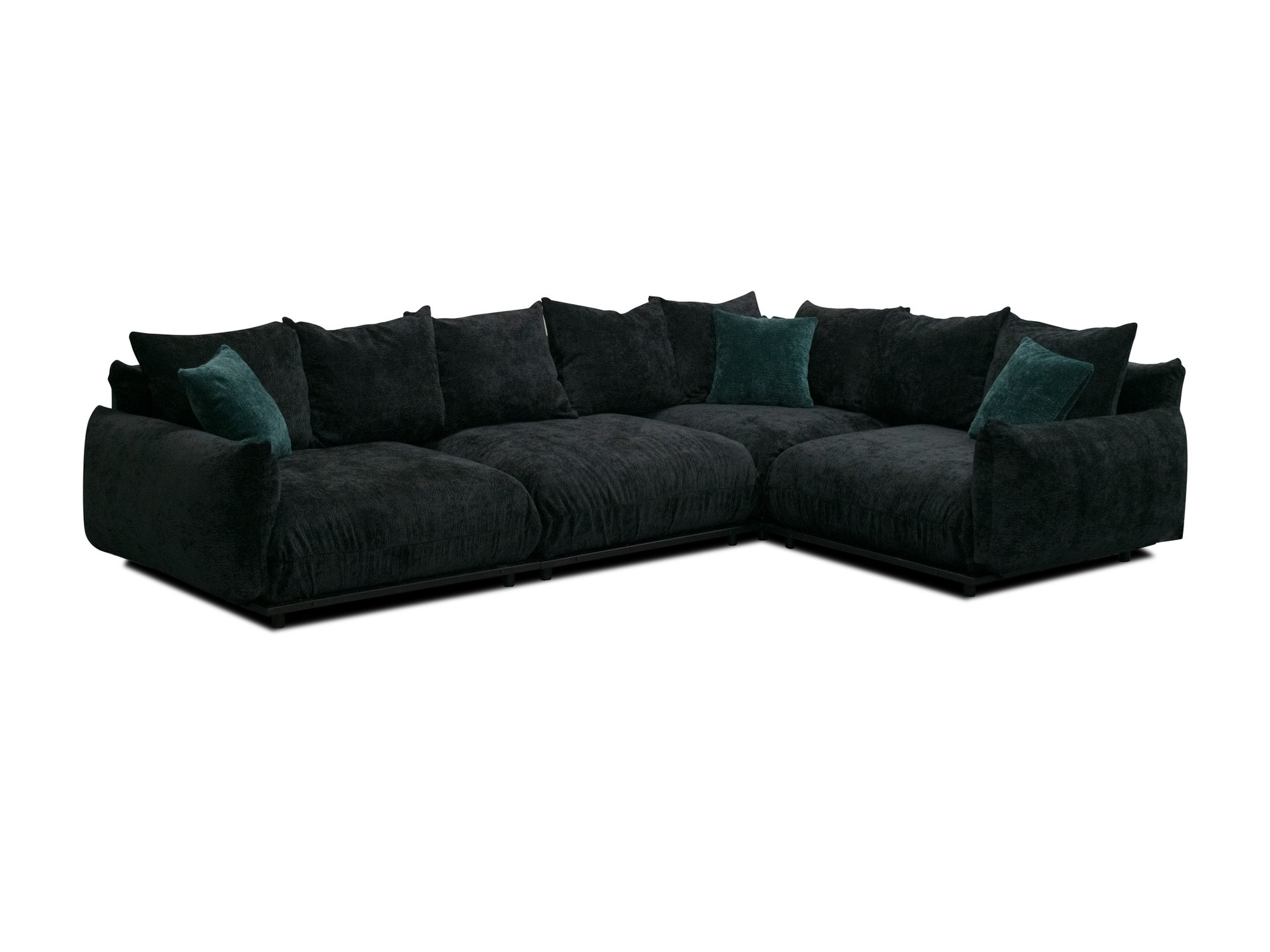 Modulares Ecksofa Pelvana mit schwarzem Stoffbezug, Dreiviertelansicht mit sichtbarer L-Form