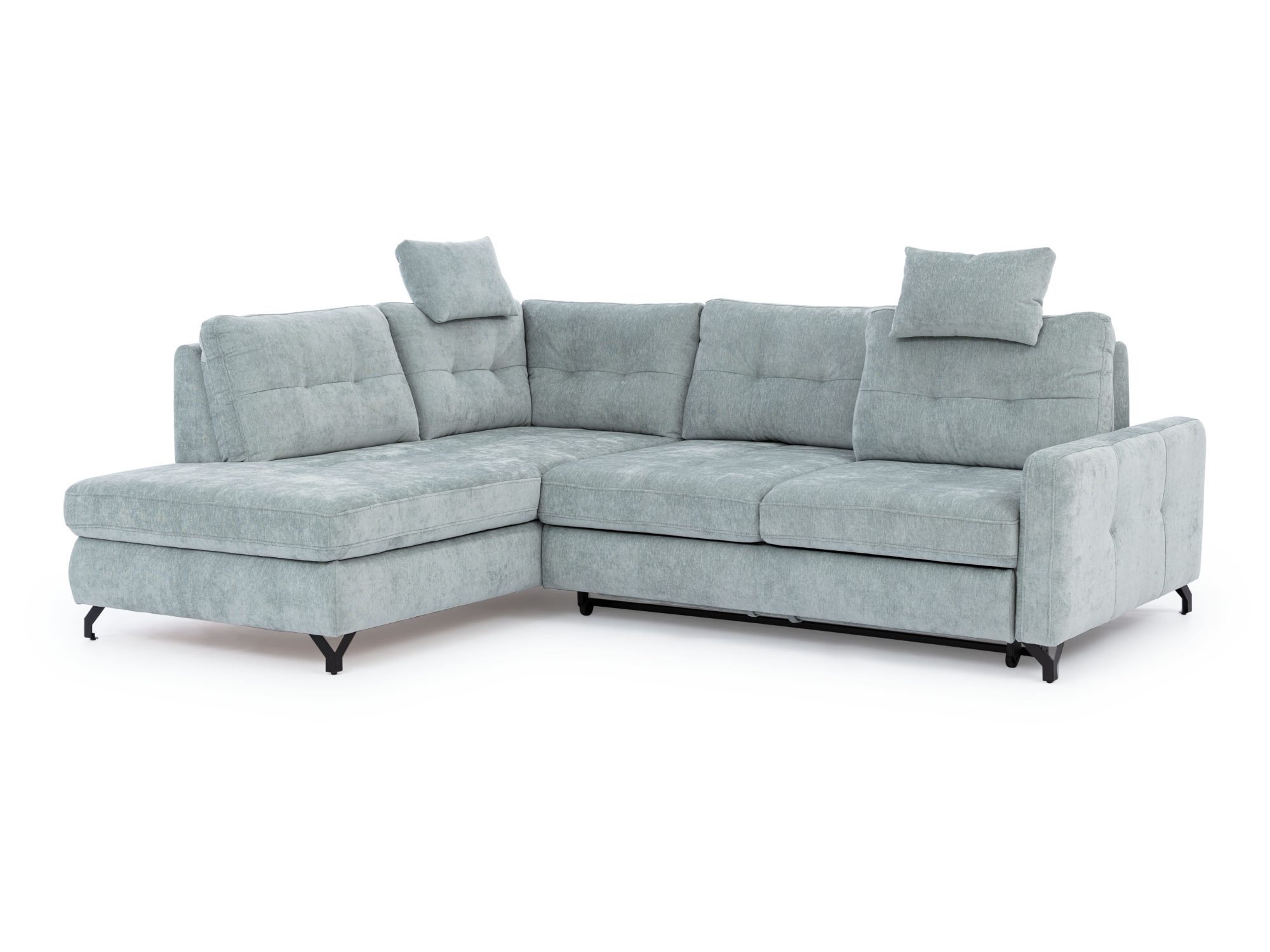 Schlafsofa Venzaro als Ecksofa, 250 cm, mit hellblauem Veloursbezug vor weißem Hintergrund