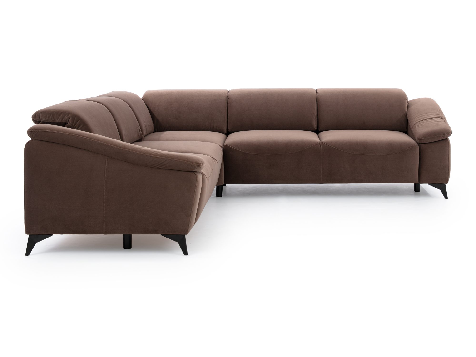 Ecksofa mit Schlaffunktion Vilmaro 270 × 270 cm in braunem Stoff vor weißem Hintergrund
