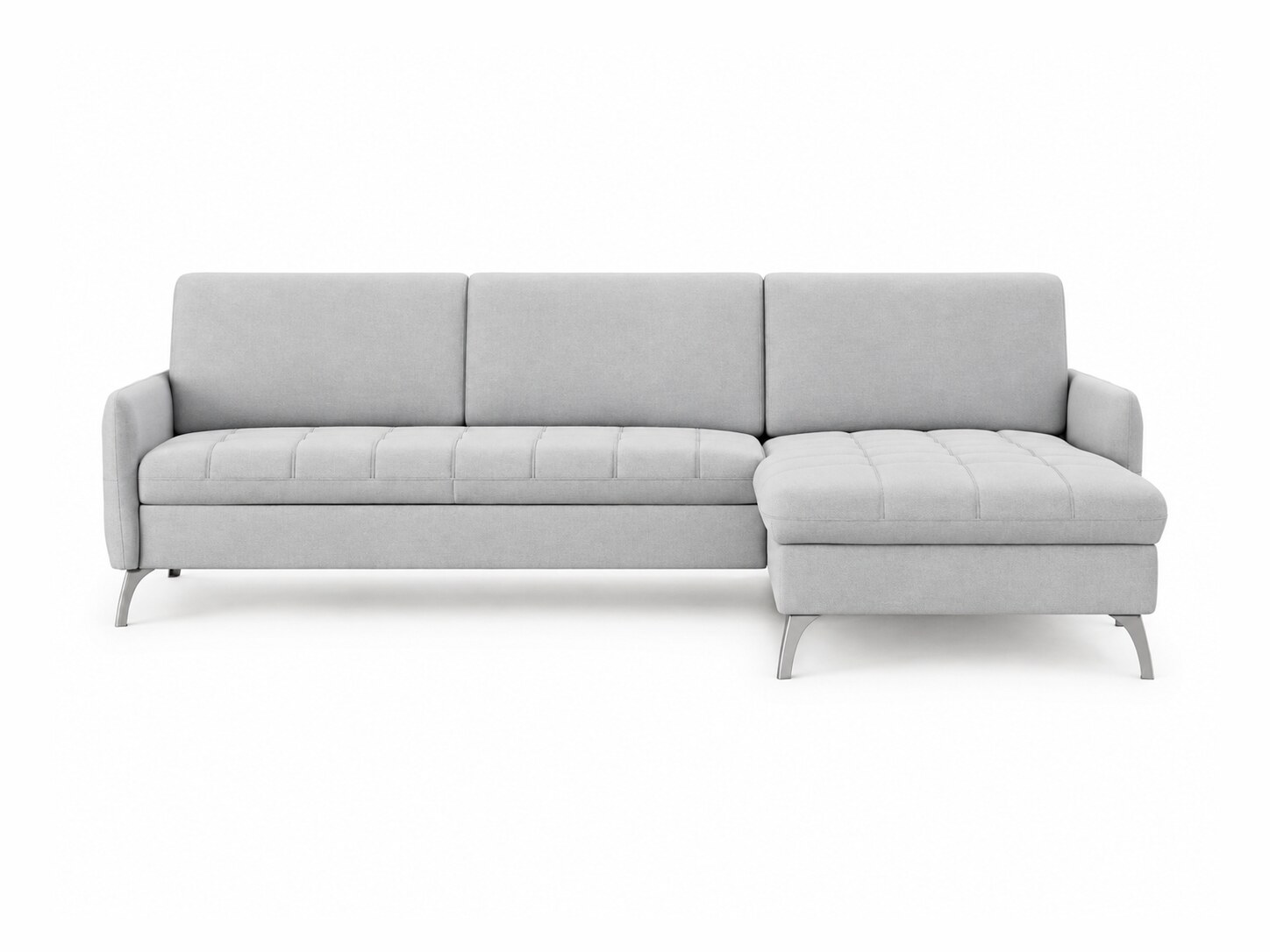 Sirvano Ecksofa mit Schlaffunktion, drei Sitzplätzen und Ottomane, 255 cm, vor weißem Hintergrund