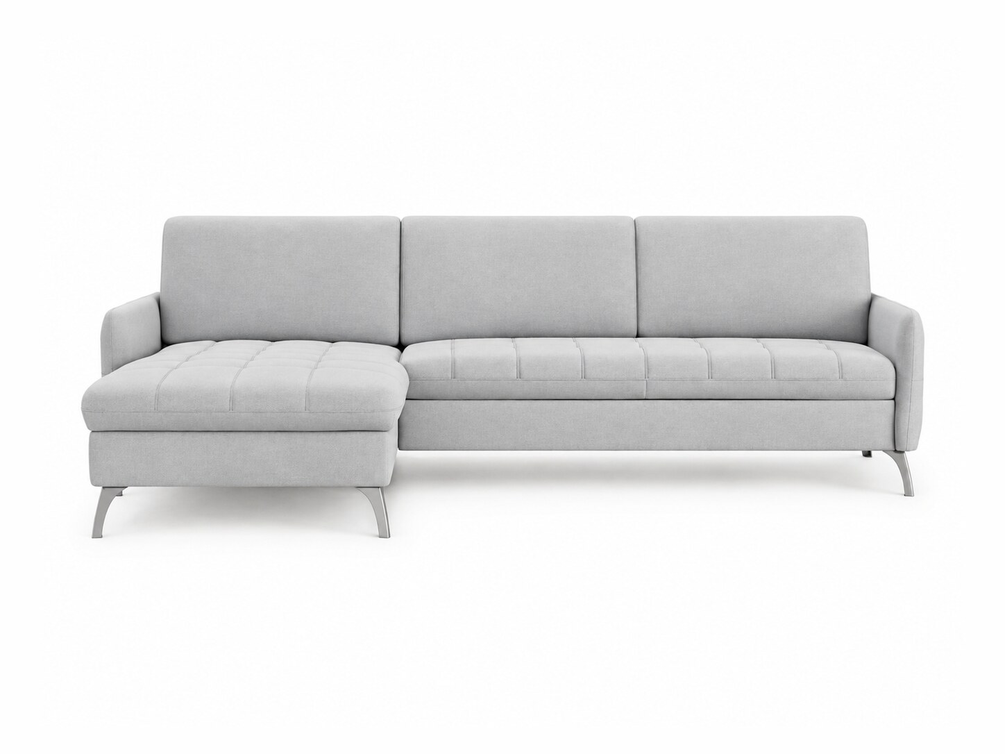Sirvano Ecksofa mit Schlaffunktion, drei Sitzplätzen und Ottomane, 255 cm, vor weißem Hintergrund