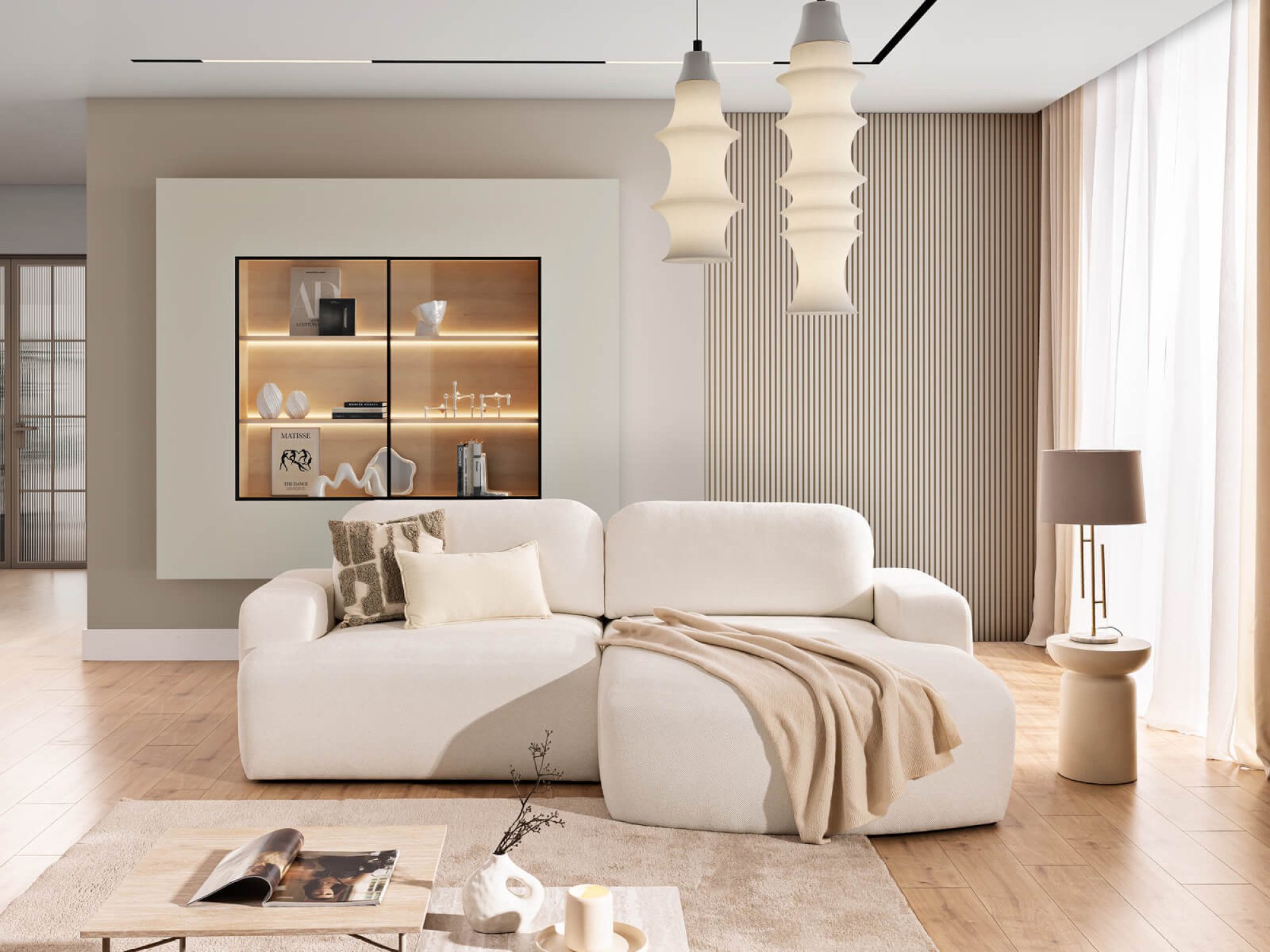 Ecksofa Embrosio in einem hellen Wohnzimmer