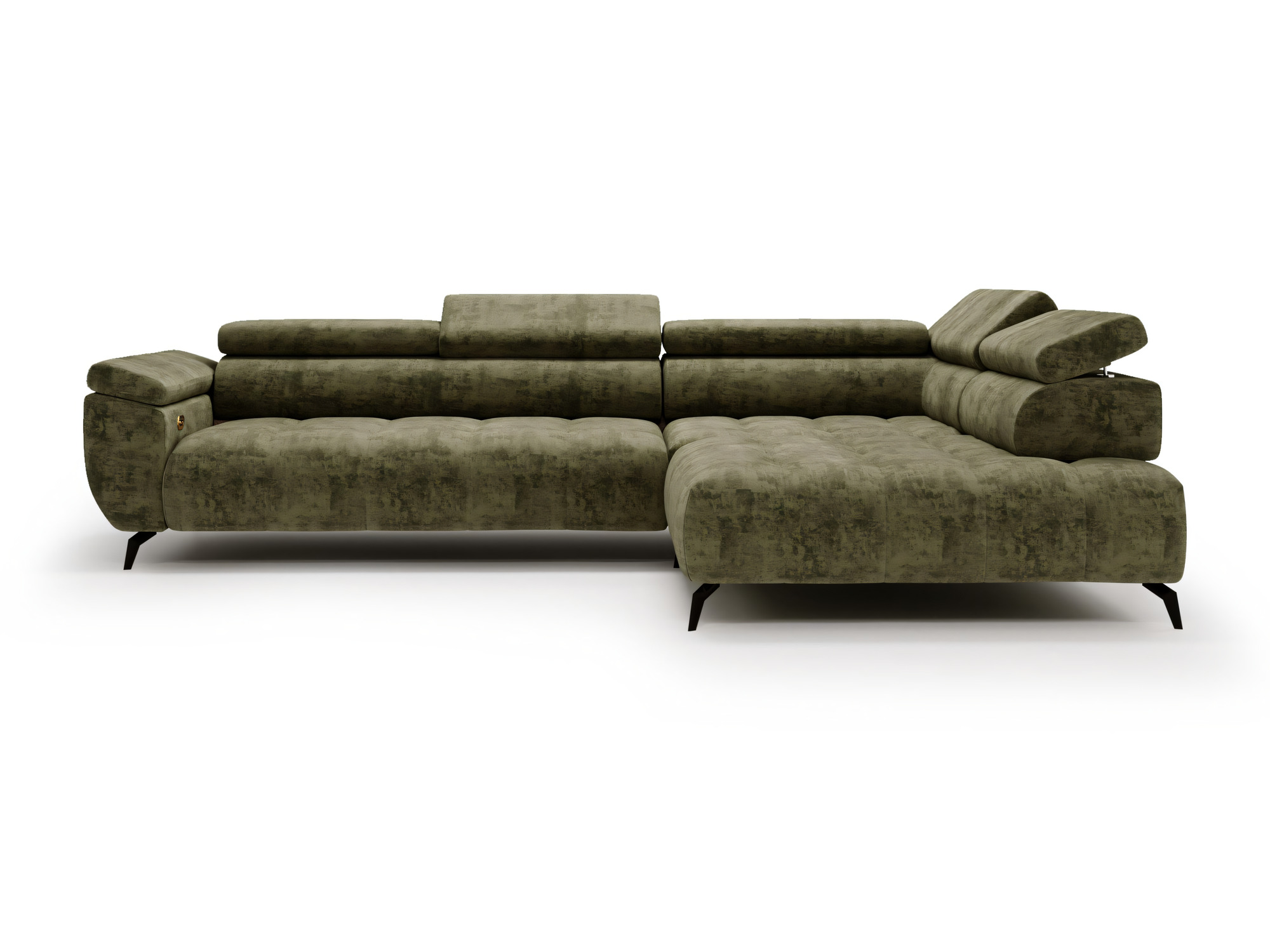 Ecksofa Selvino mit grünem Stoffbezug und schwarzen Füßen, Vorderansicht