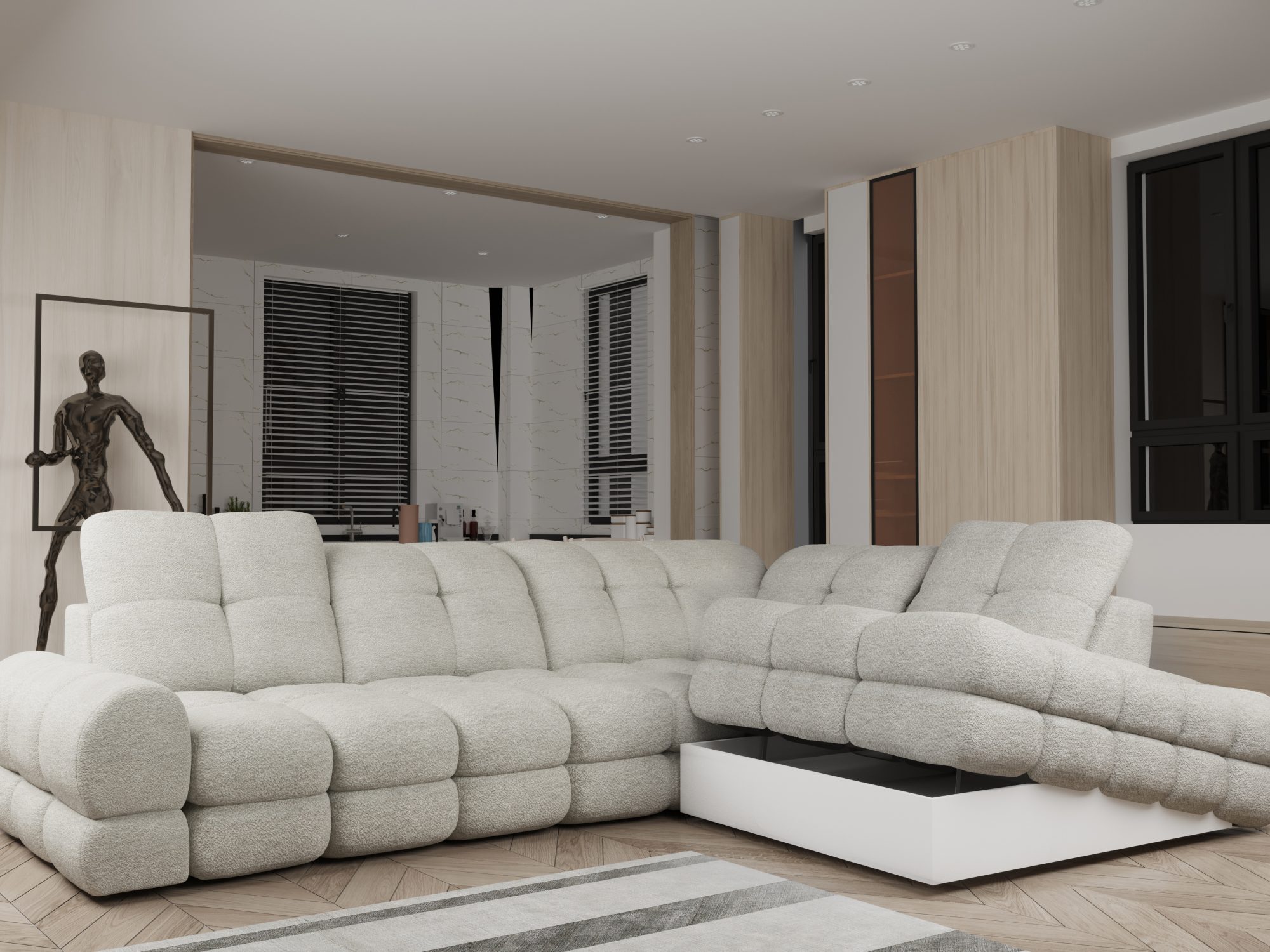 Offener Bettkasten in der Ottomane des Ecksofas Tolvaro 302 cm