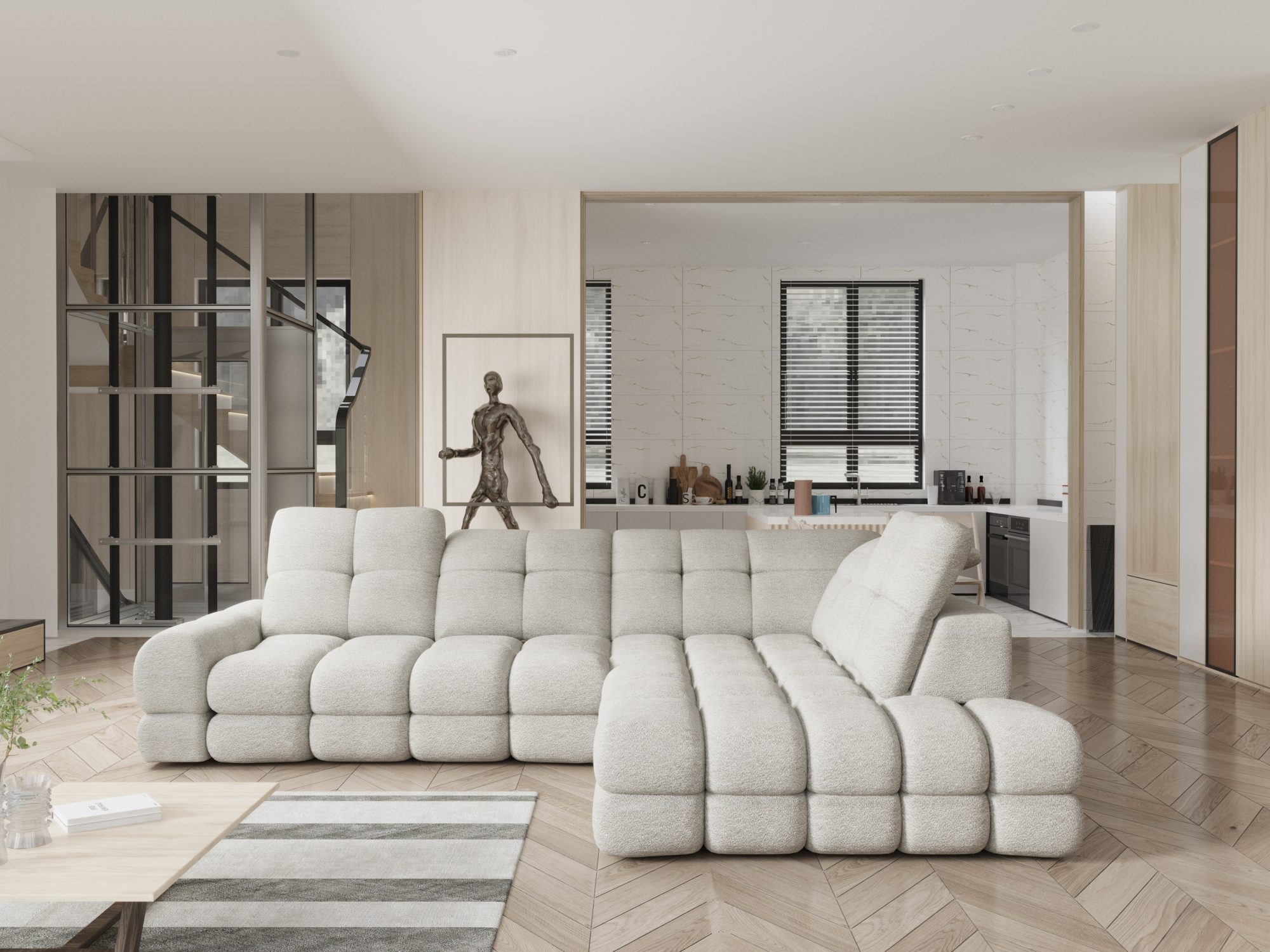 Ecksofa Tolvaro 302 cm in hellem Wohnzimmer mit Holzboden