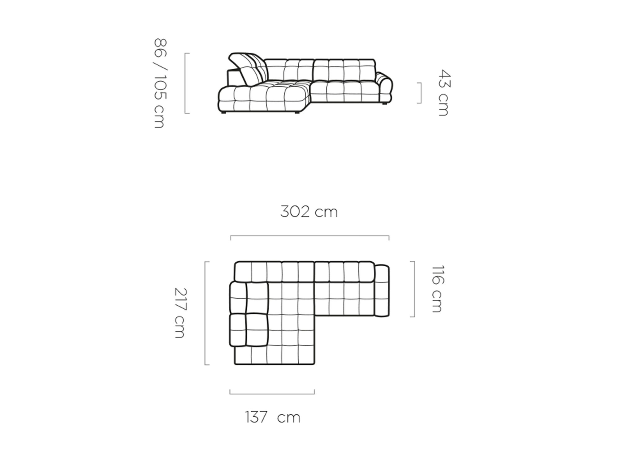 Maßzeichnung des Ecksofas Tolvaro 302 × 220 cm