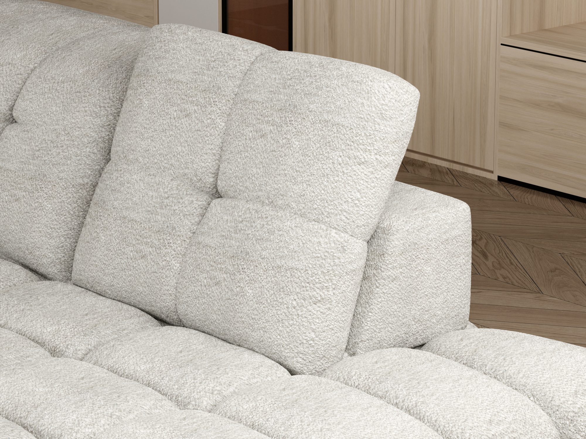 Nahaufnahme der verstellten Kopfstütze des Ecksofas Tolvaro 302 cm
