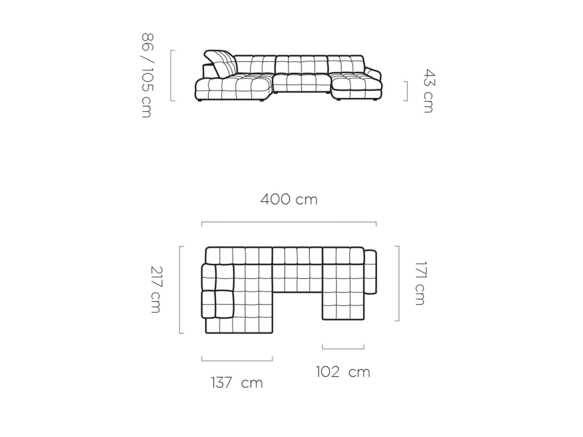 Maßzeichnung der Wohnlandschaft Tolvaro 400 cm
