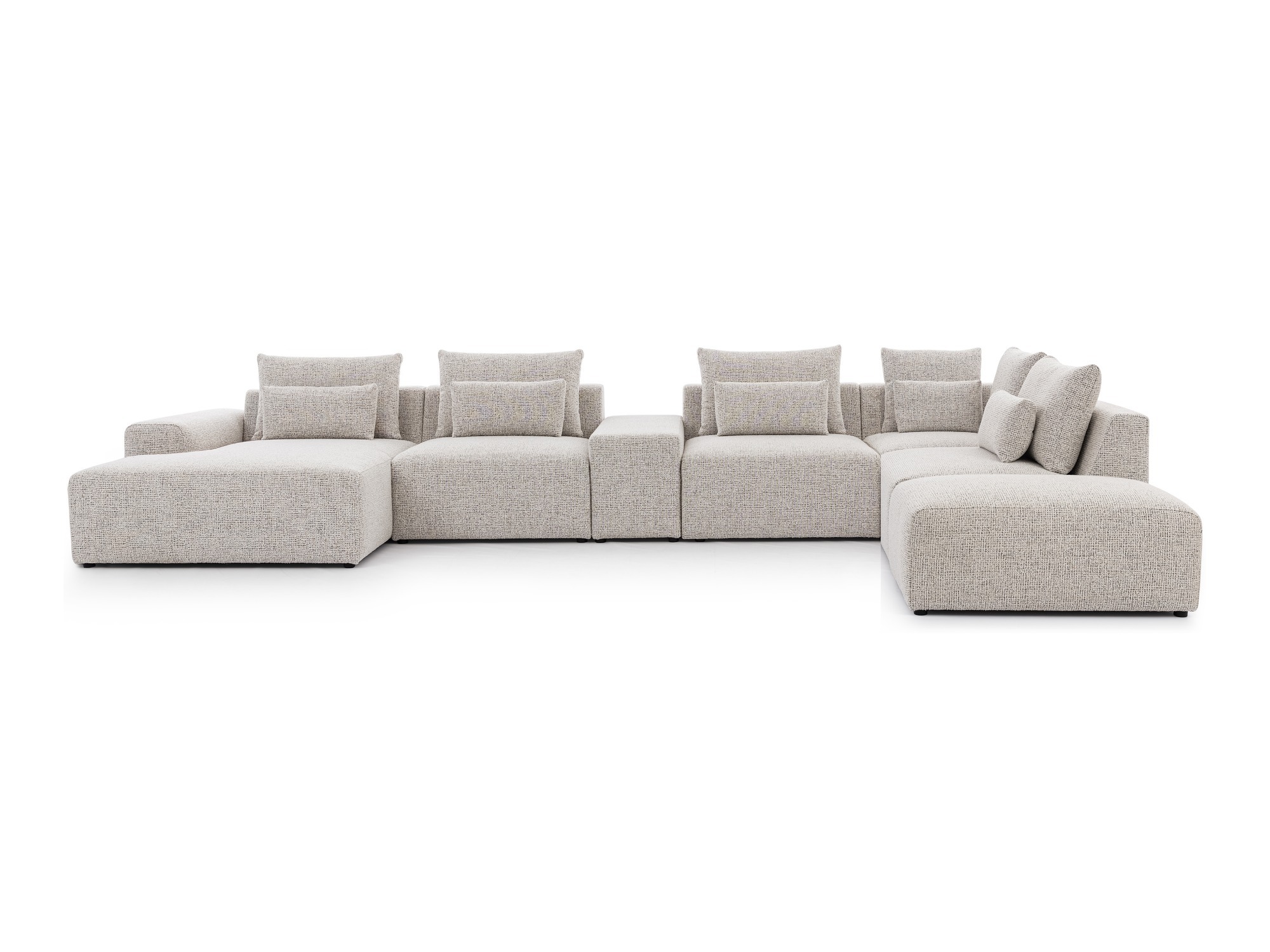 U-förmiges Ecksofa Ildaro, 454 cm, mit Ottomane, Paneel und Hocker, beiger Stoffbezug, vor weißem Hintergrund
