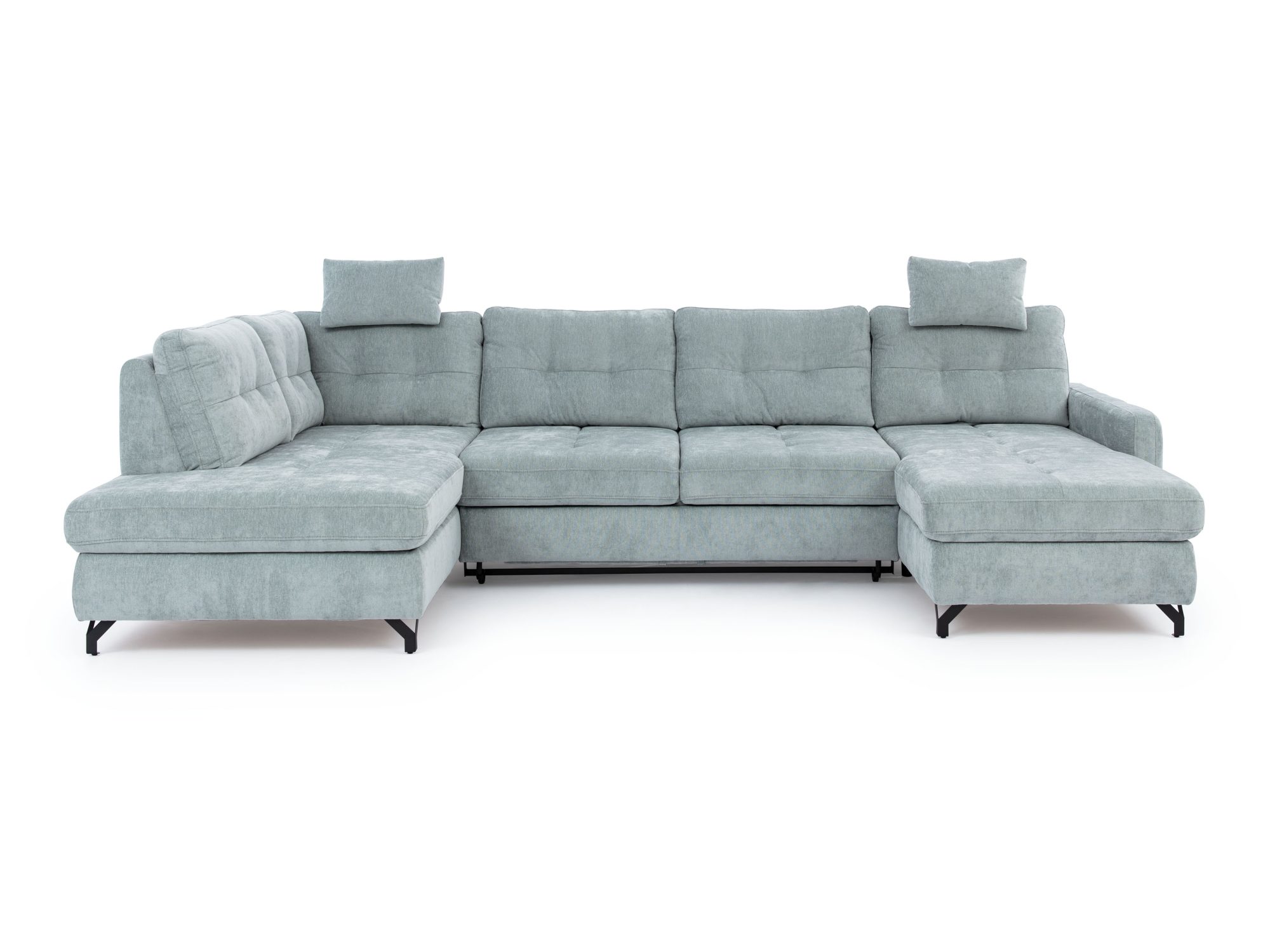 U-Sofa Venzaro, 322 cm, aus hellblauem Velours vor weißem Hintergrund