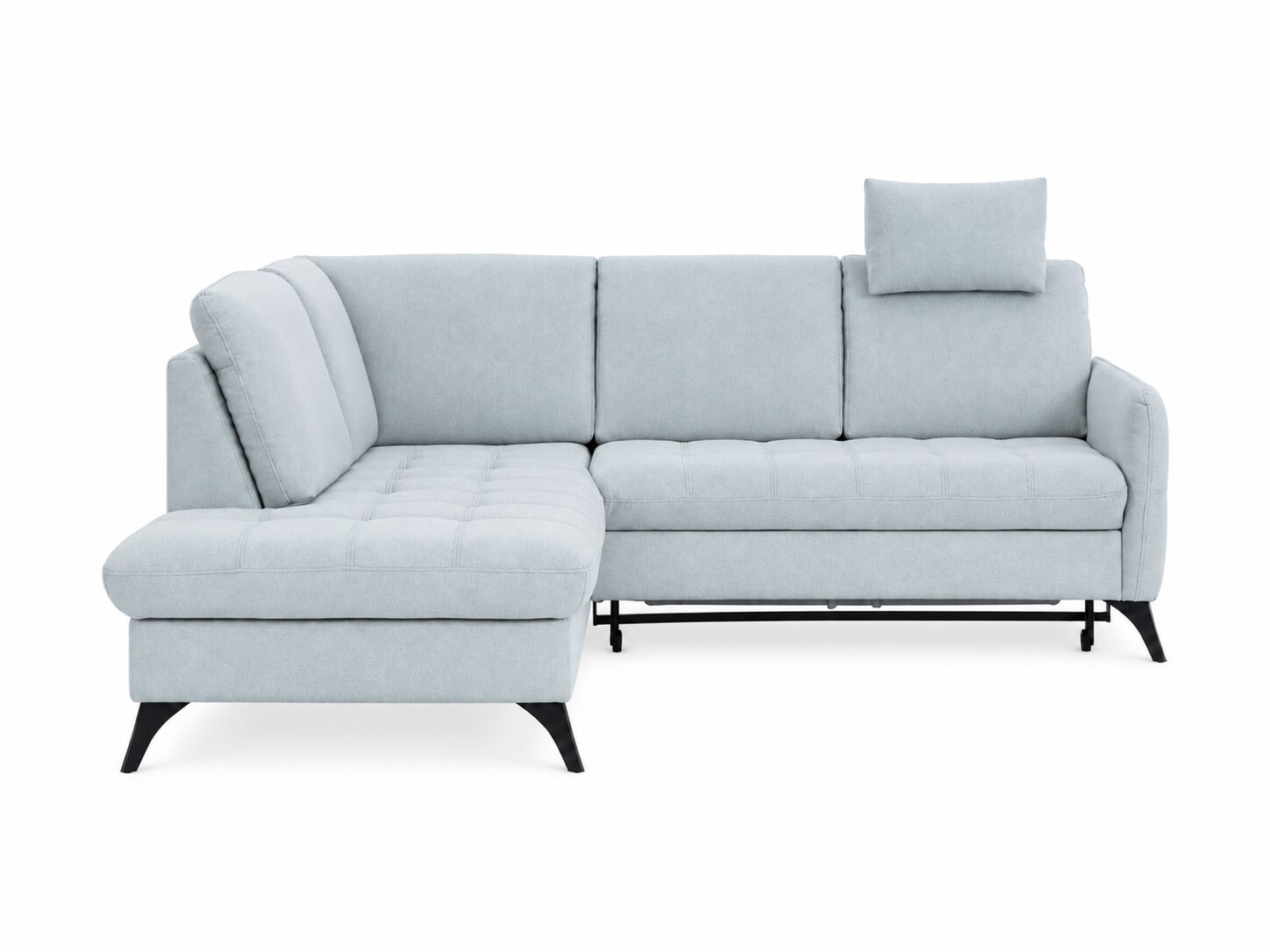 Ecksofa Sirvano 218 cm mit langer Ottomane und Rückenlehne vor weißem Hintergrund