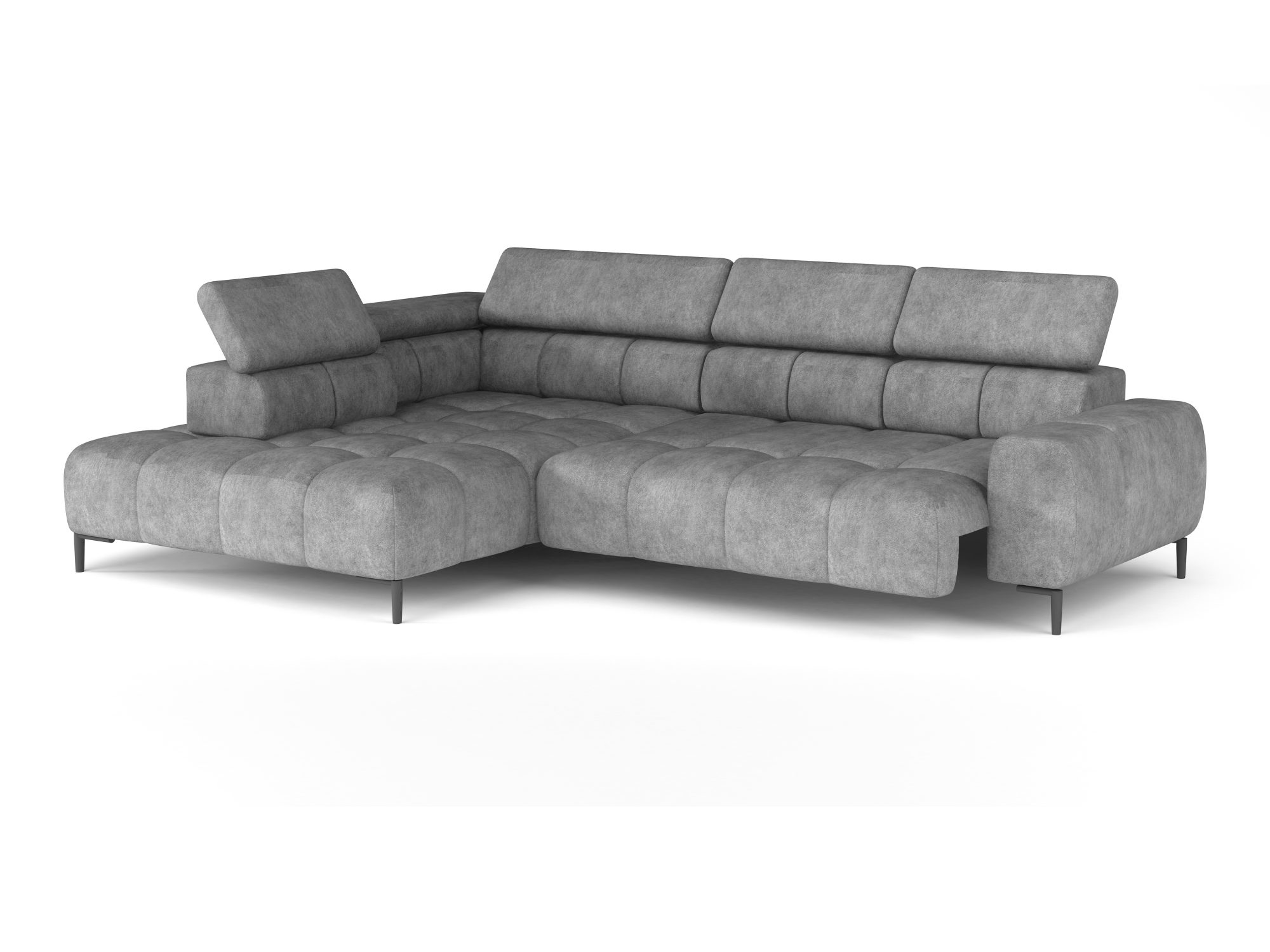 Ecksofa Pleviano 300 cm mit ausgefahrener Sitzfläche und hochgestellten Kopfstützen