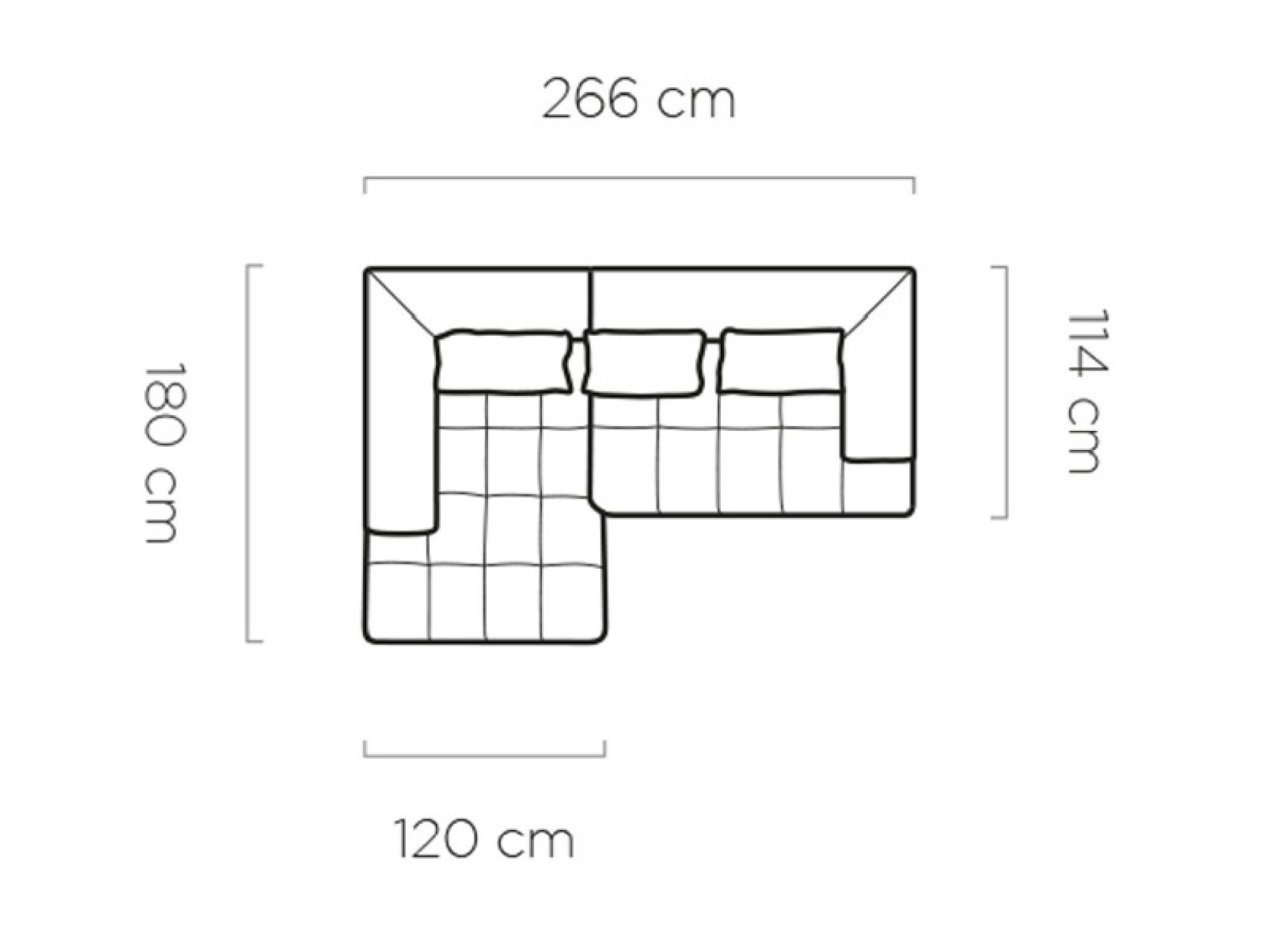 Rozměry rohové sedací soupravy Montvero: šířka 266 cm, hloubka 180 cm, otoman 120 cm