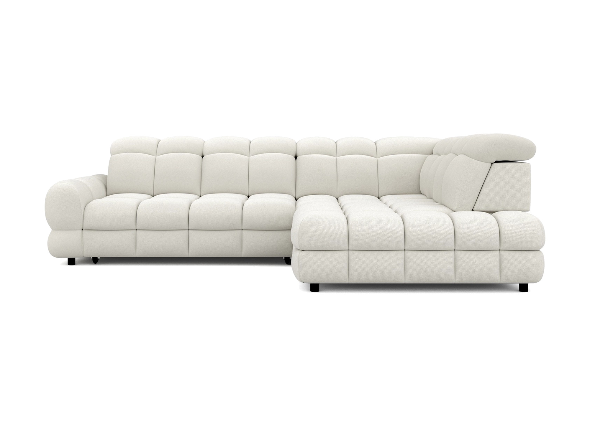 Ecksofa mit Schlaffunktion Tolvaro 302 cm vor weißem Hintergrund – Frontansicht