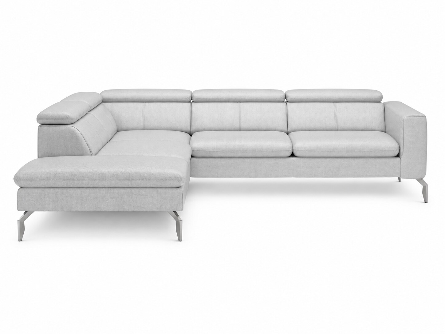 Ecksofa Celvaro 280 cm mit Ottomane, verstellbaren Kopfstützen und hellgrauem Stoff vor weißem Hintergrund
